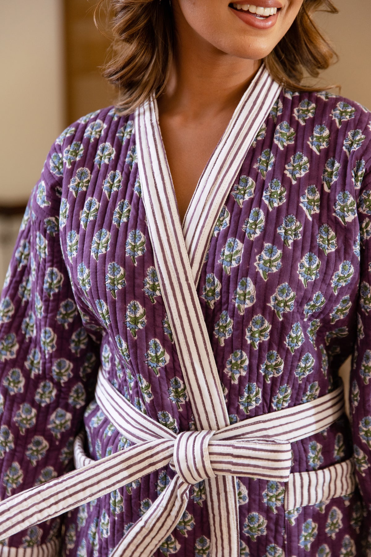 LUXURY QUILTED COTTON ROBE - DAMSON BERRY