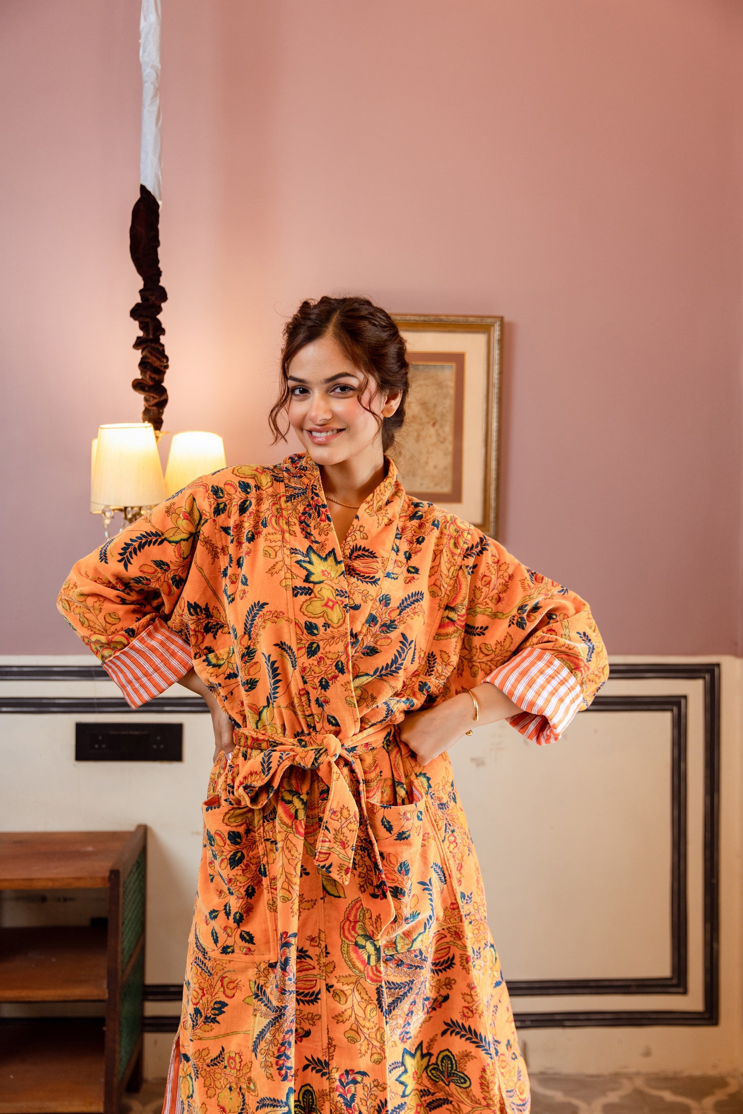 ORANGE FLORAL VINE VELVET ROBE