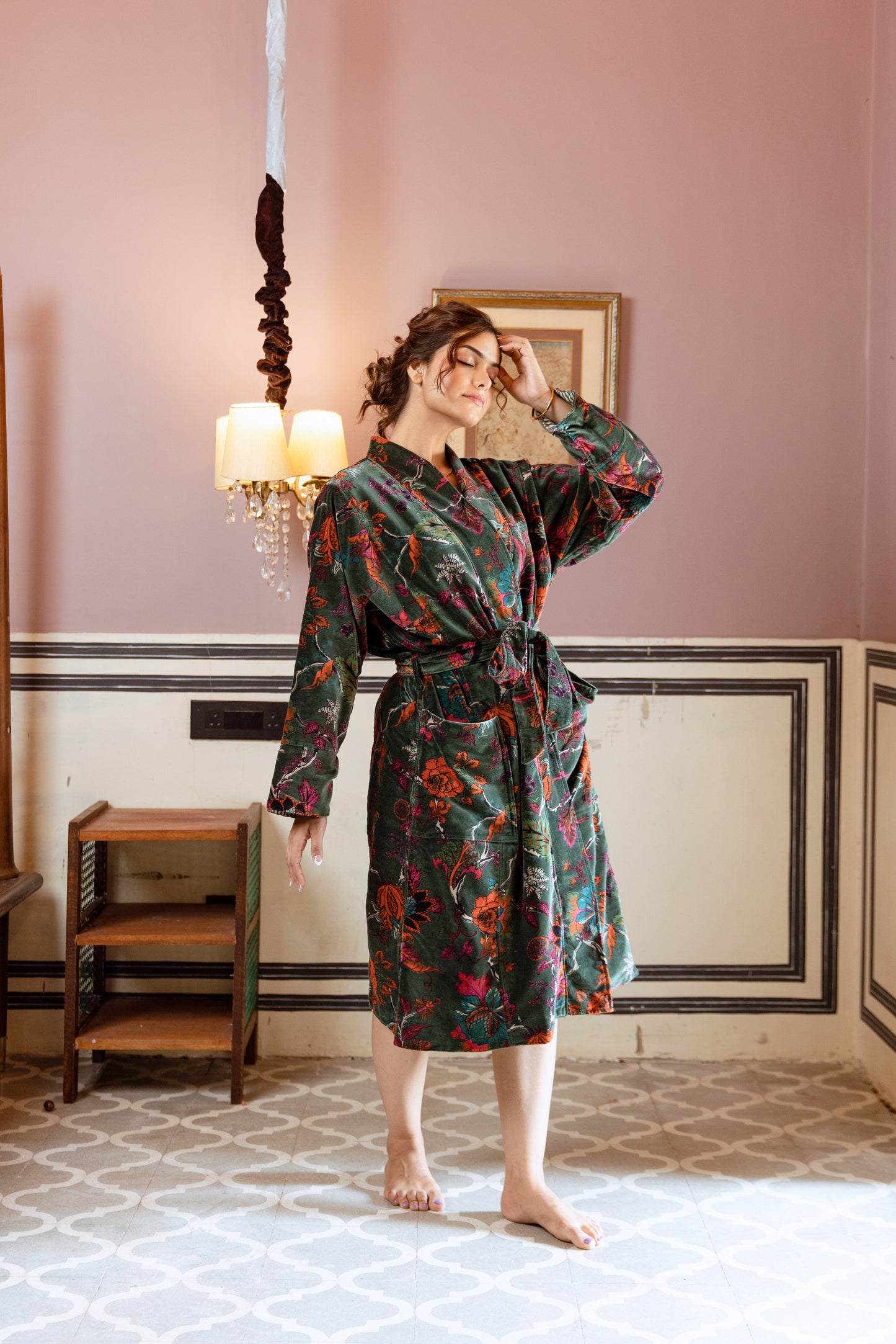 WOMEN'S VELVET KIMONO ROBE - FOREST GREEN