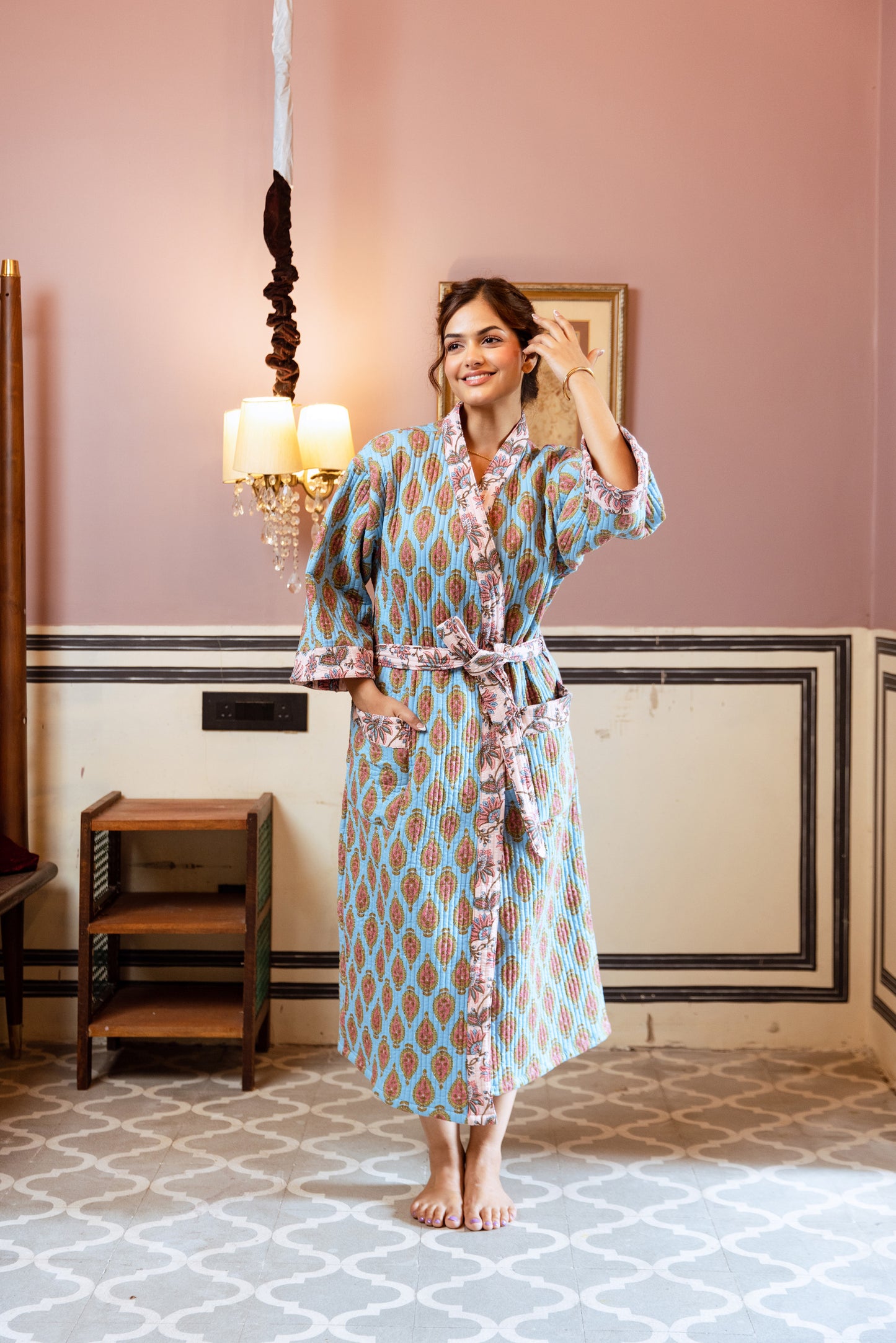 BLUE LUXURY QUILTED COTTON ROBE
