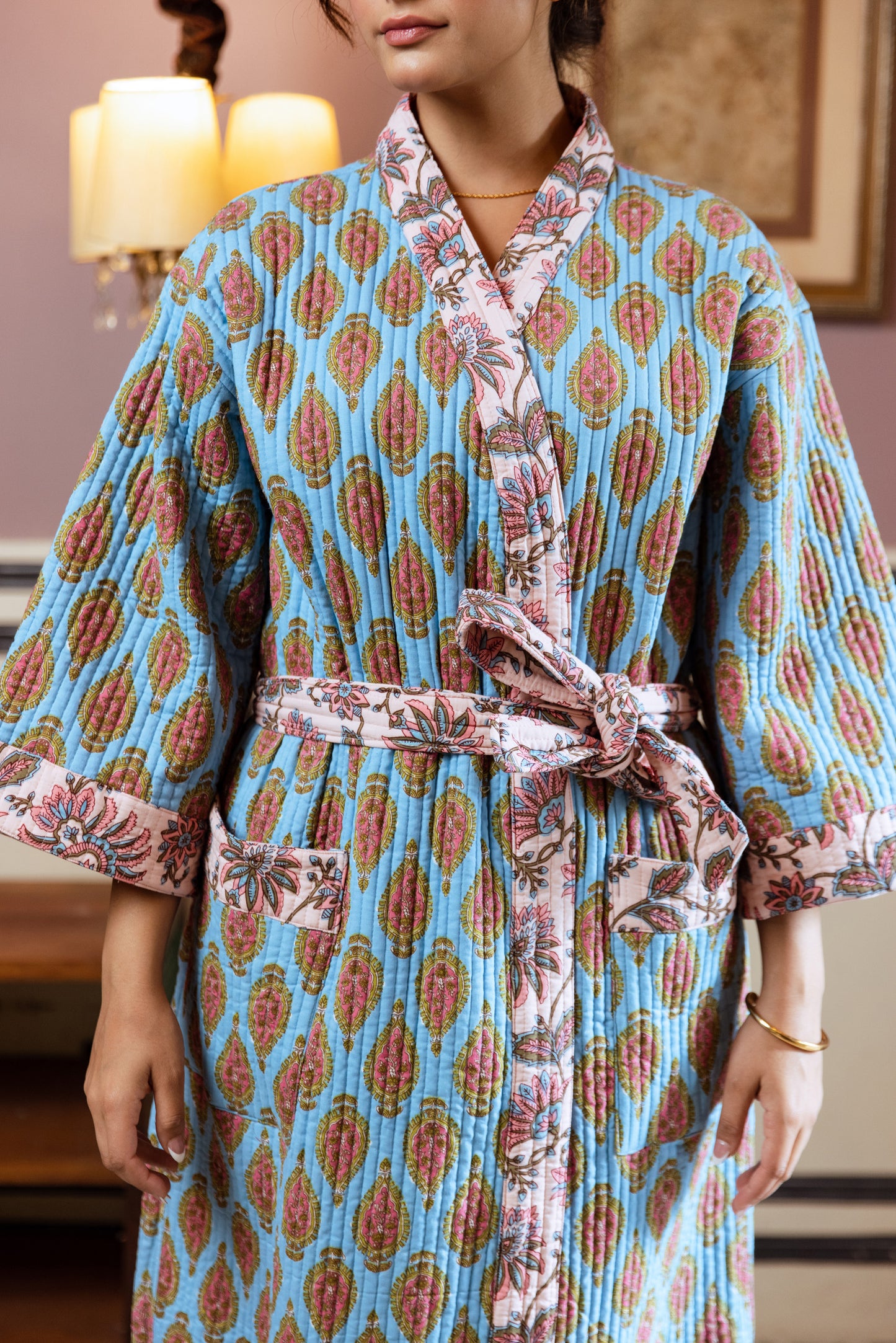 BLUE PAISLEY BLOSSOM LUXURY QUILTED COTTON ROBE