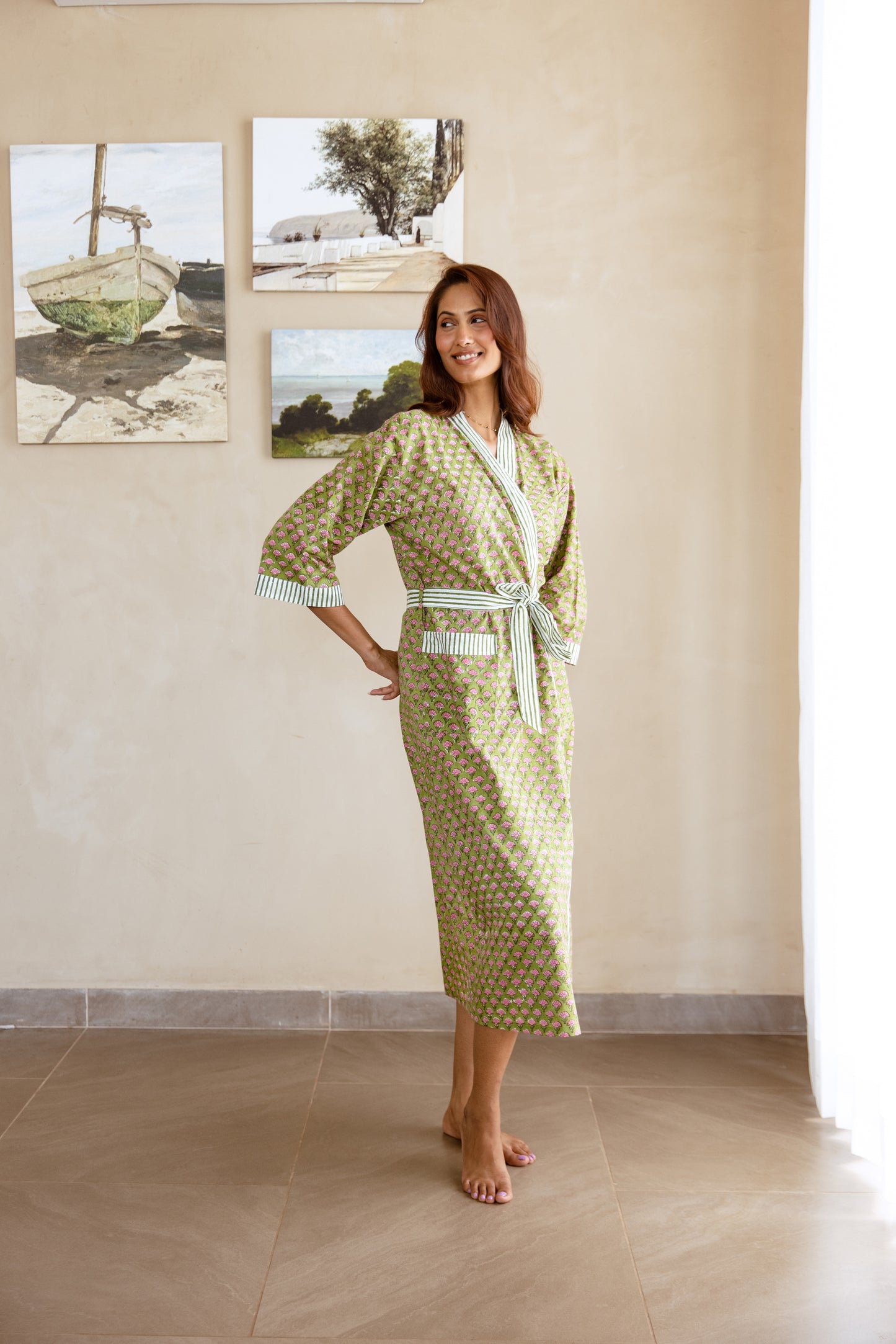 LIGHT COTTON ROBE - GREEN FLORAL BLOOM