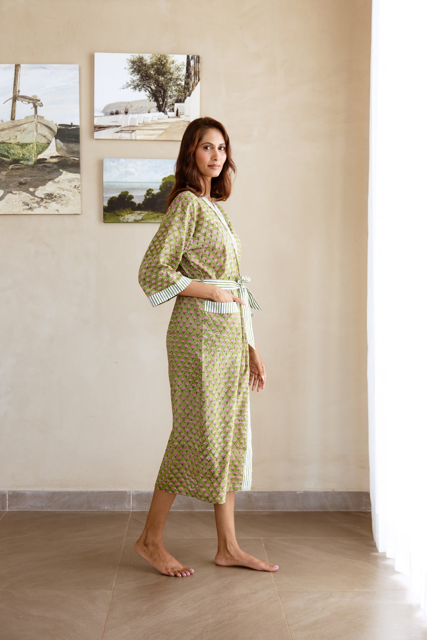 LIGHT COTTON ROBE - GREEN FLORAL BLOOM