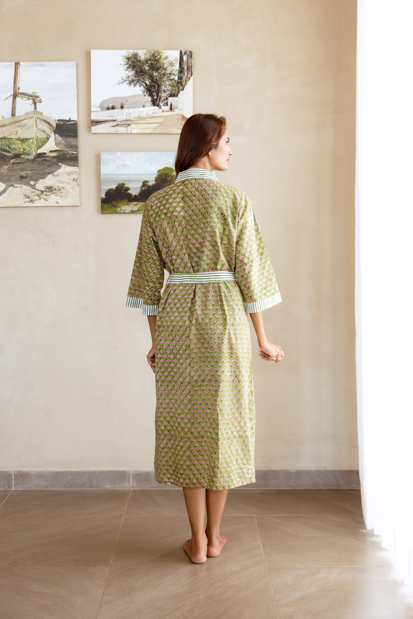 LIGHT COTTON ROBE - GREEN FLORAL BLOOM
