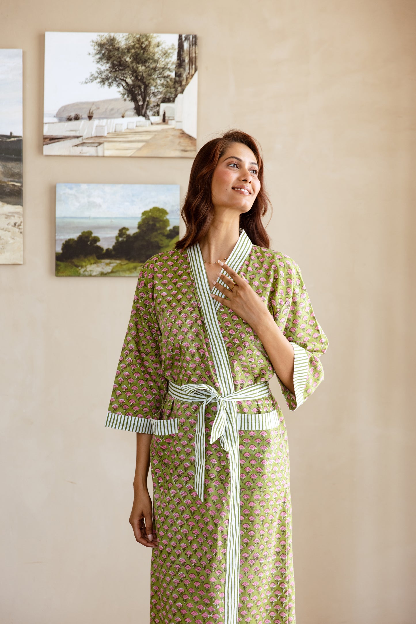 LIGHT COTTON ROBE - GREEN FLORAL BLOOM