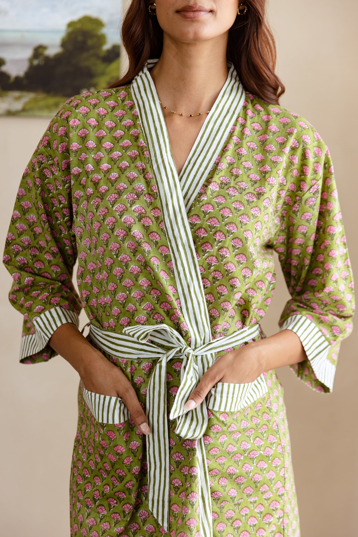 LIGHT COTTON ROBE - GREEN FLORAL BLOOM