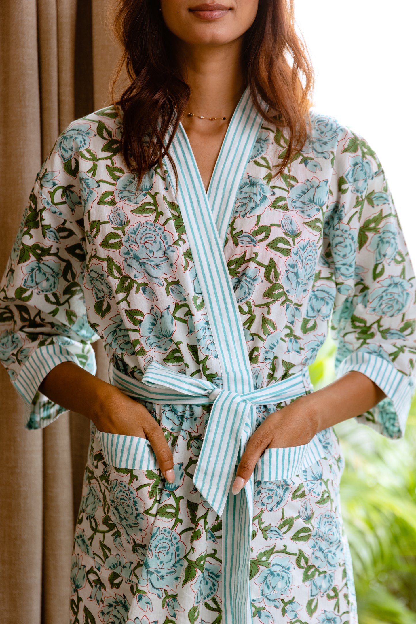 LIGHT COTTON ROBE - AQUA ROSE