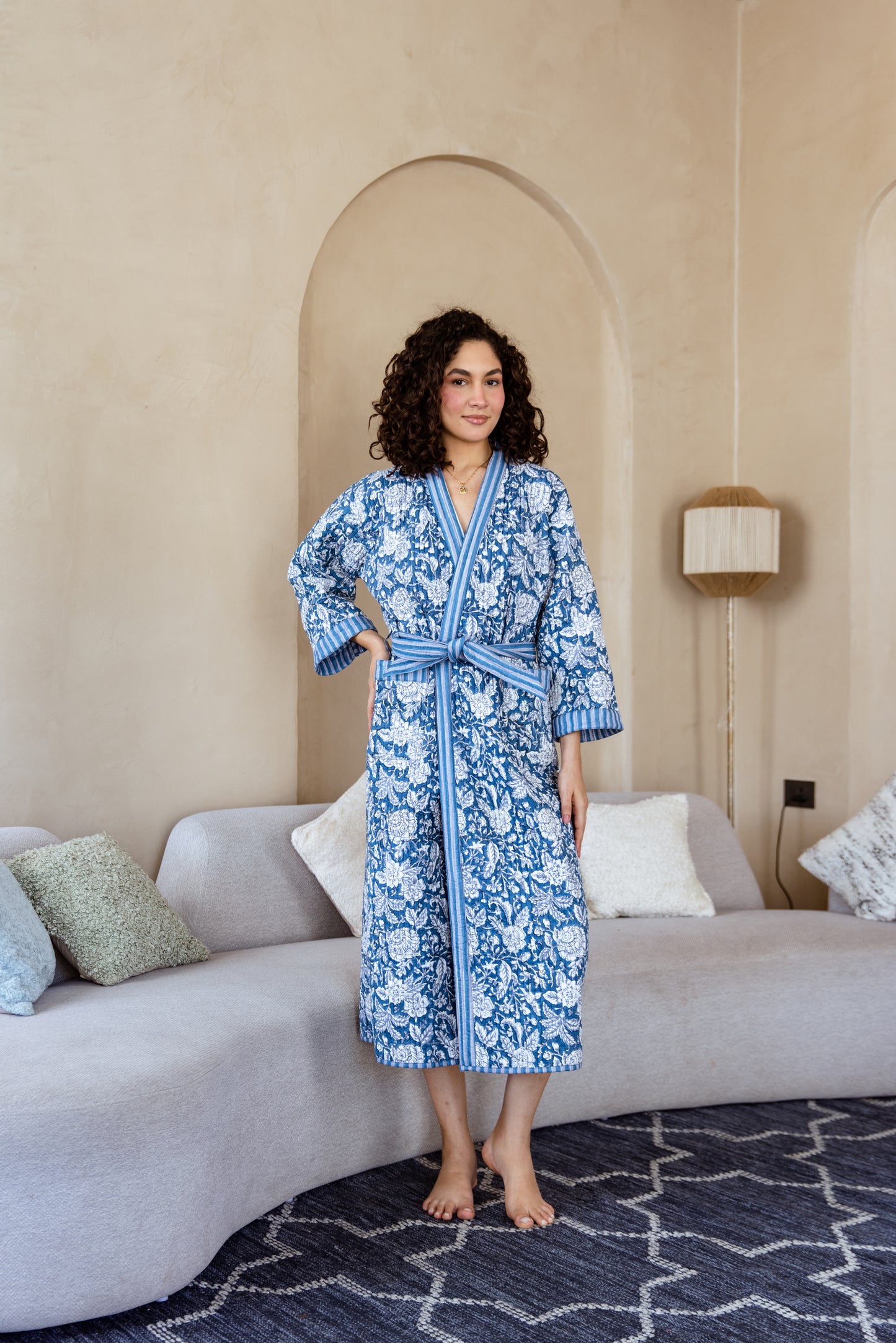 LUXURY QUILTED COTTON ROBE - BLUE FLORAL