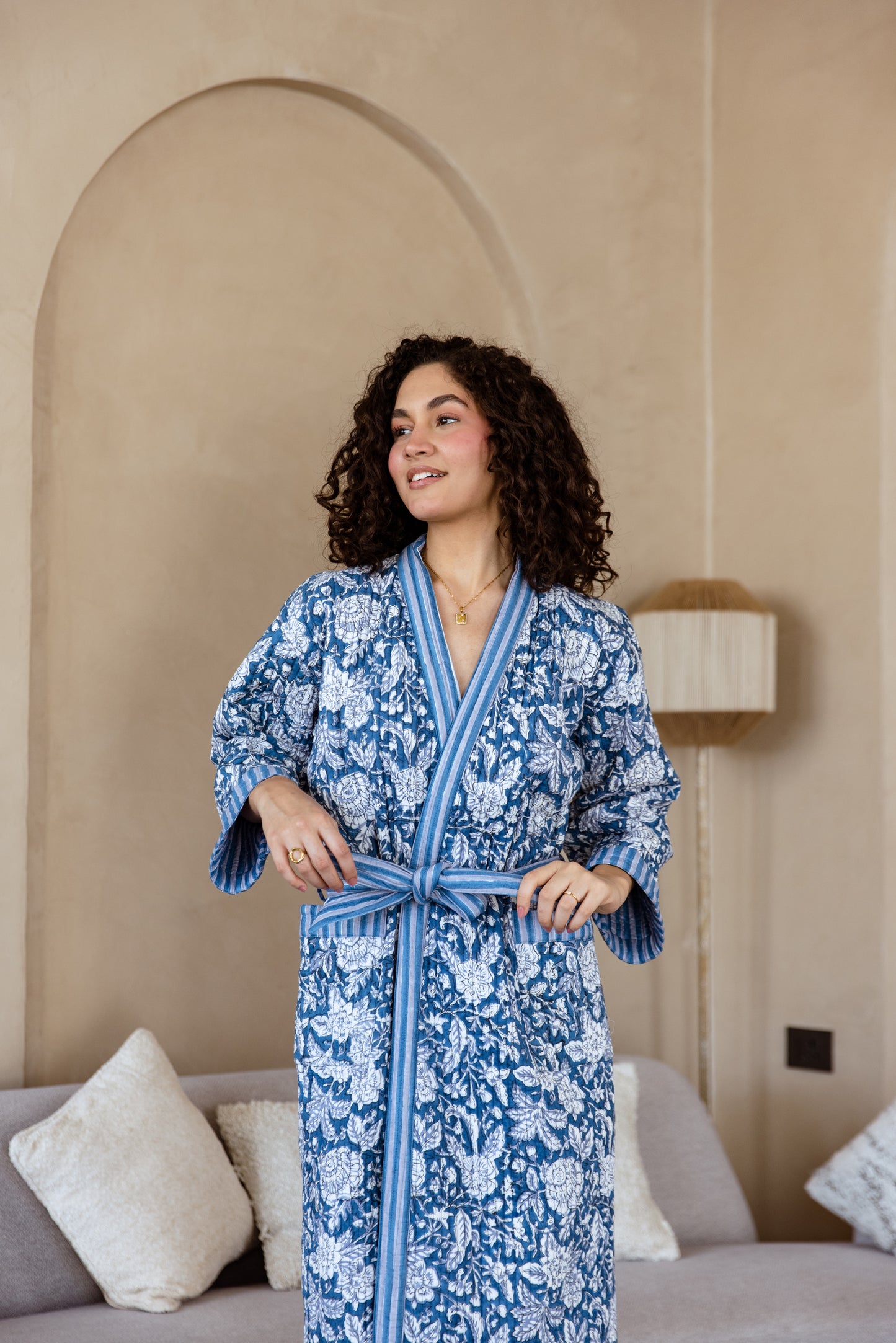 LUXURY QUILTED COTTON ROBE - BLUE FLORAL