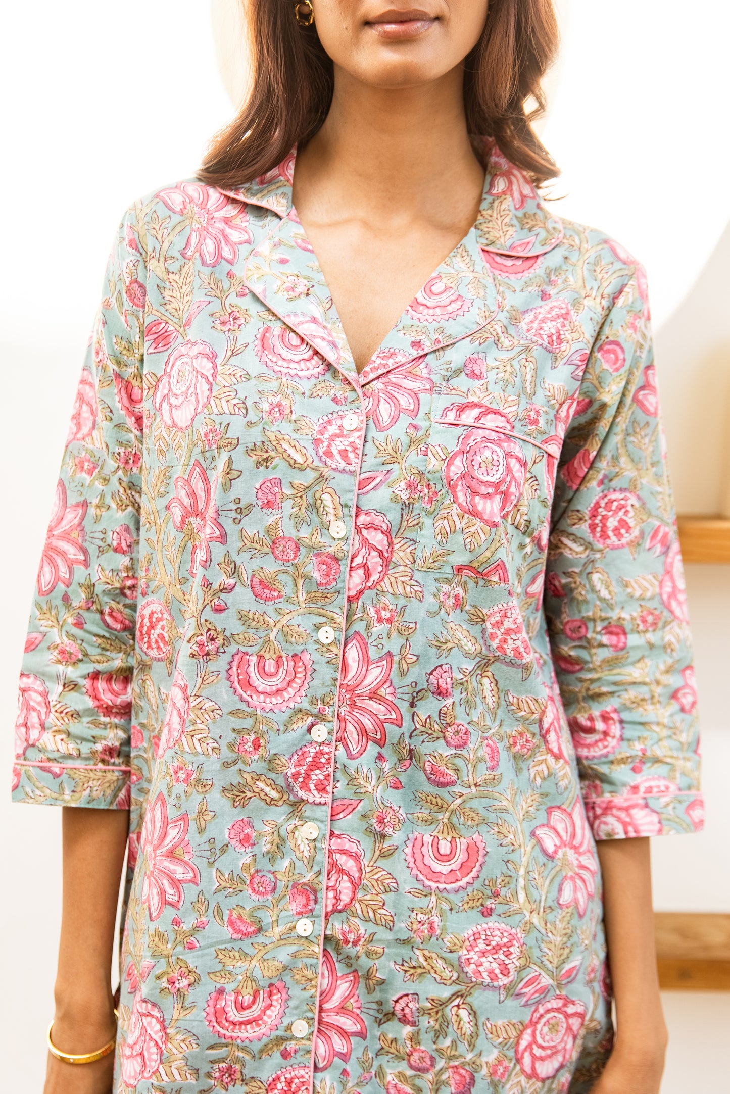 COTTON NIGHTSHIRT - SEA GREEN FLORAL