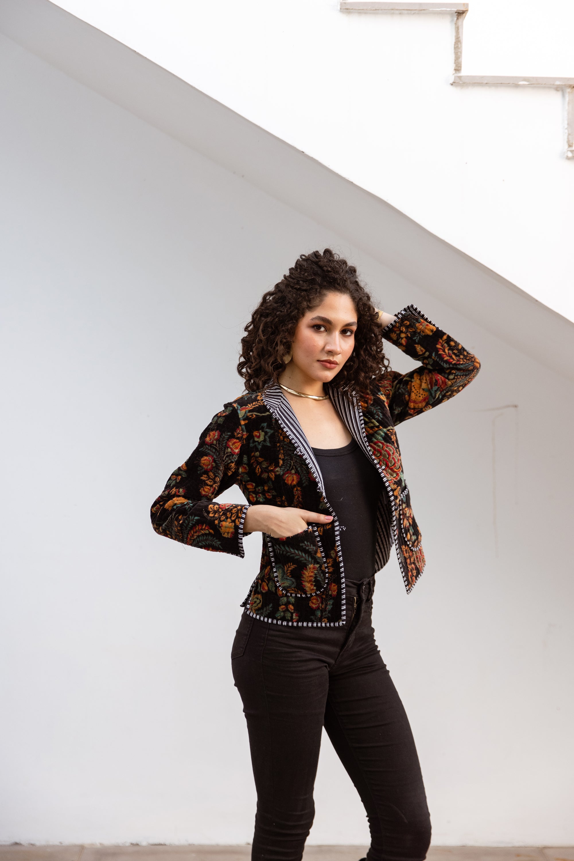 Quilted Velvet Jacket Black Floral | Rooh London