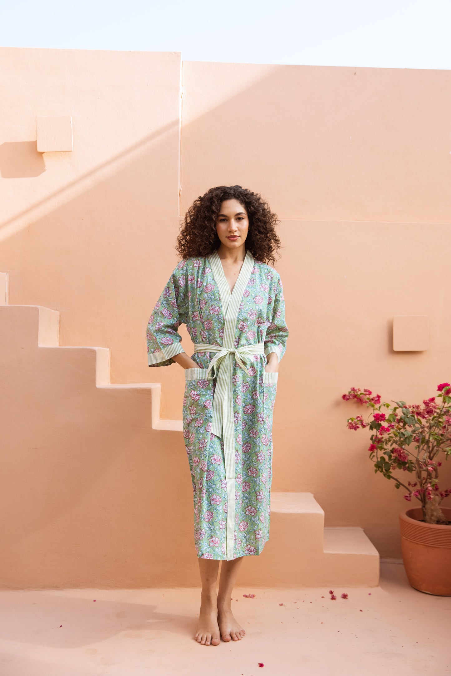 PISTACHIO GREEN FLORAL COTTON ROBE