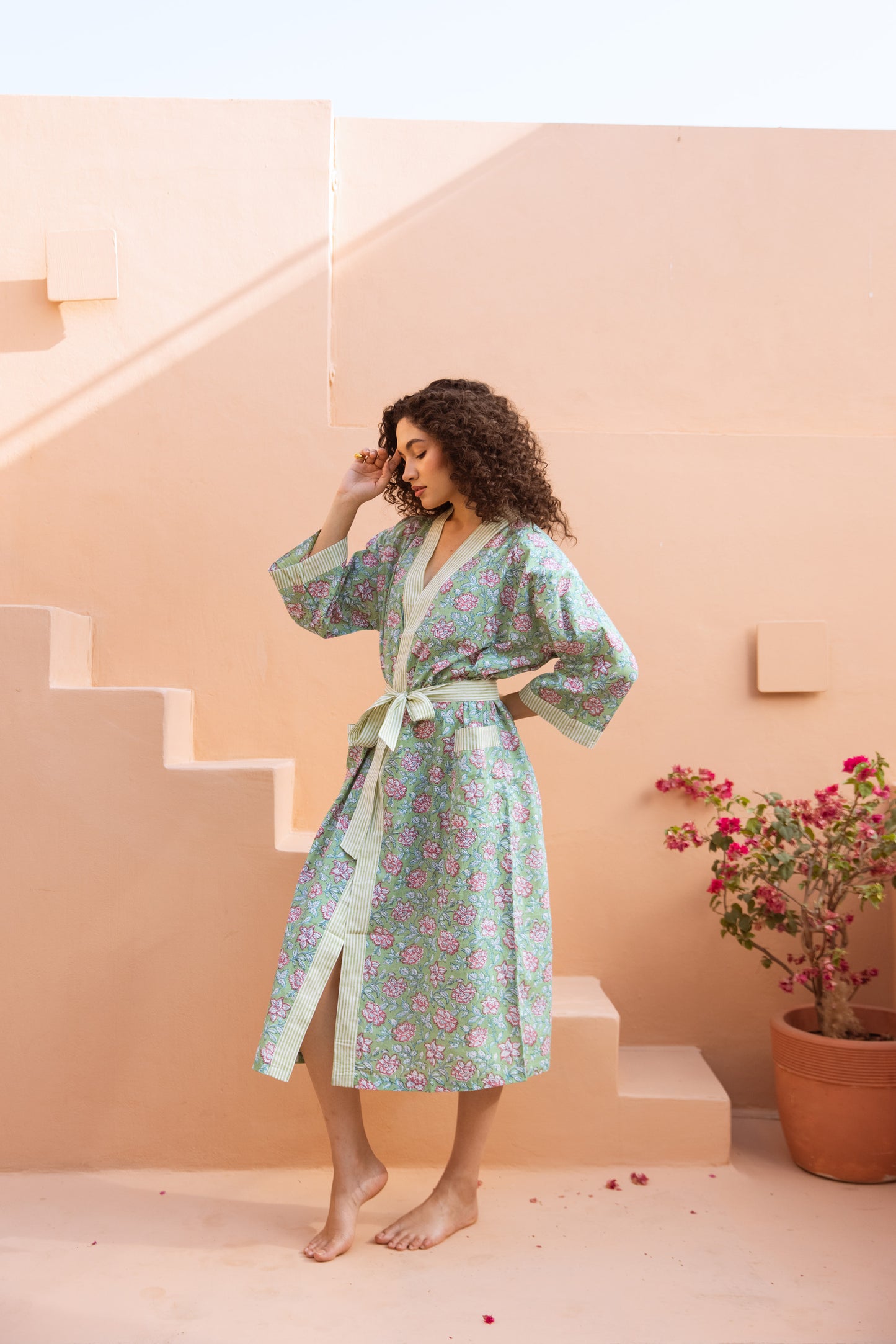 PISTACHIO GREEN FLORAL COTTON ROBE
