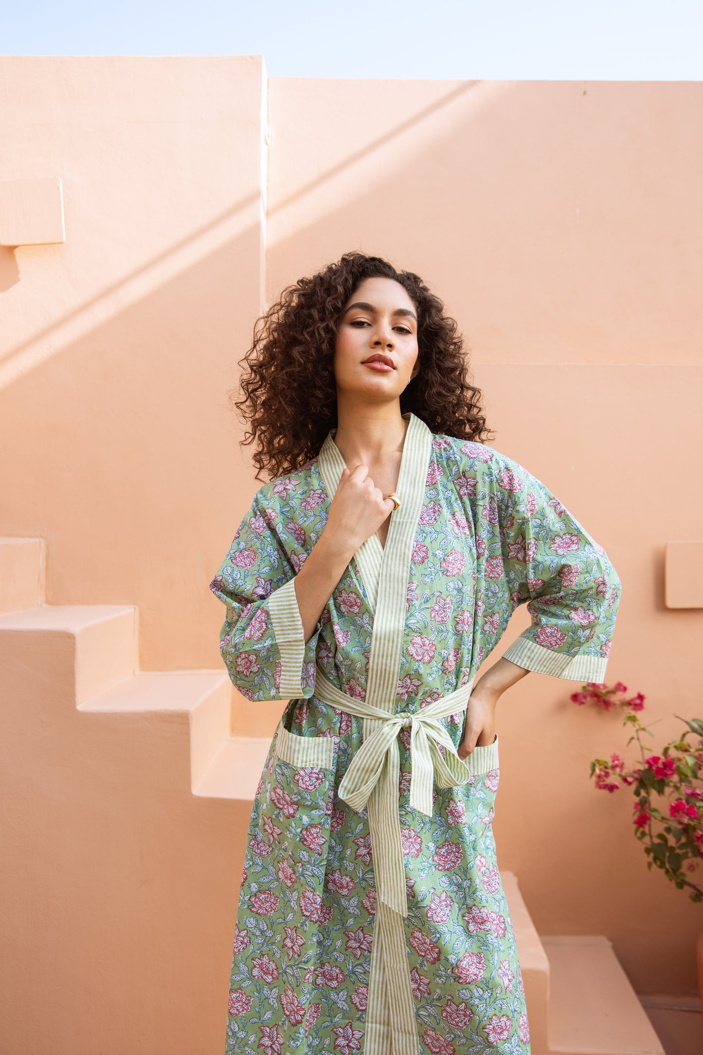 PISTACHIO GREEN FLORAL COTTON ROBE