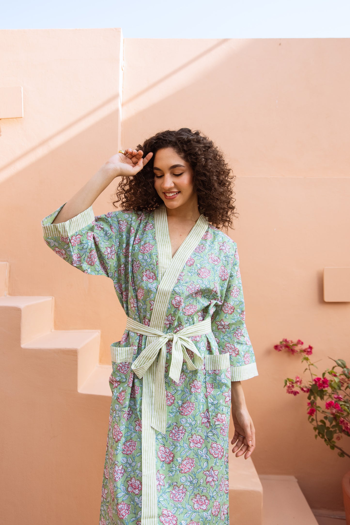 PISTACHIO GREEN FLORAL COTTON ROBE