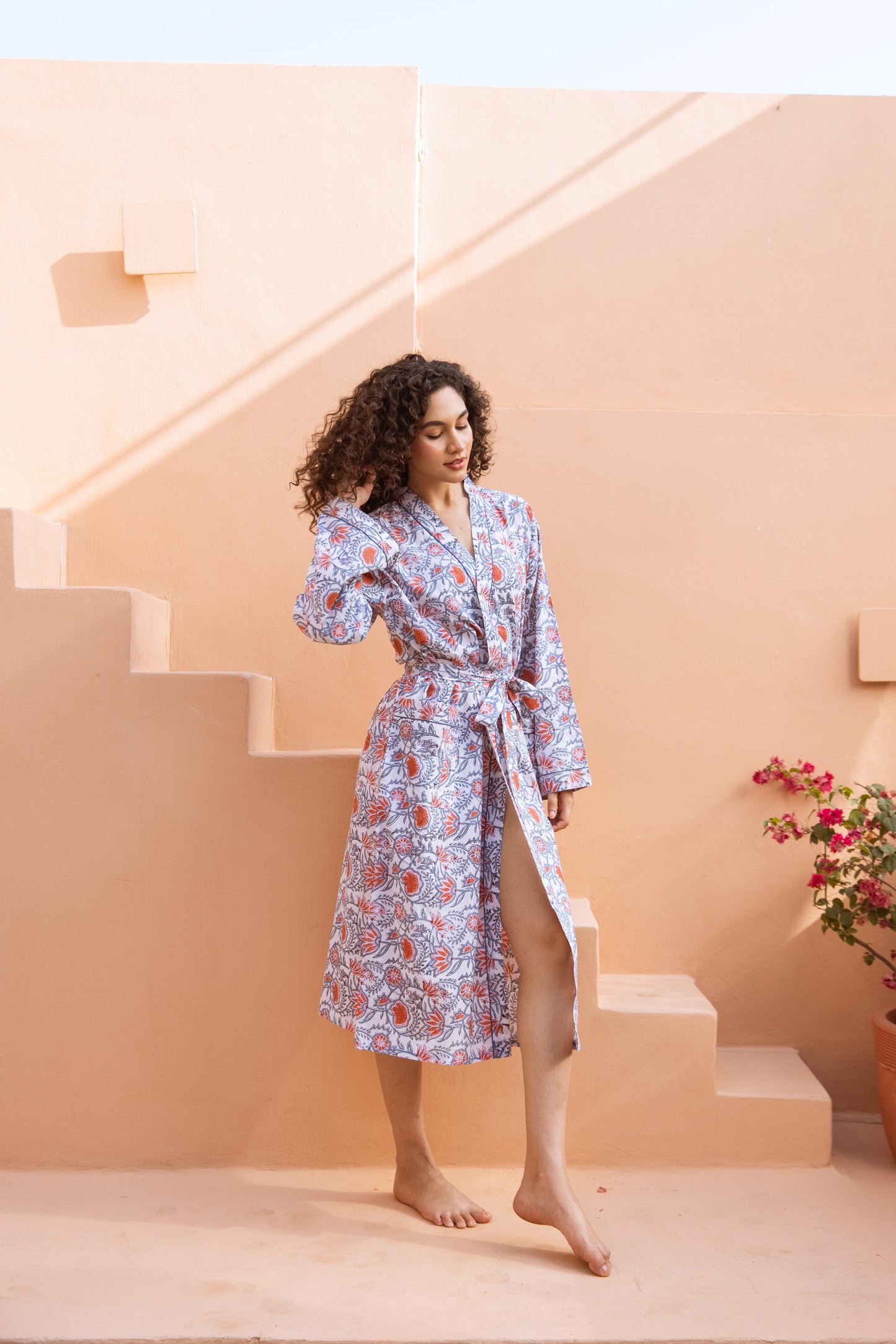 CORAL LOTUS VINE COTTON ROBE