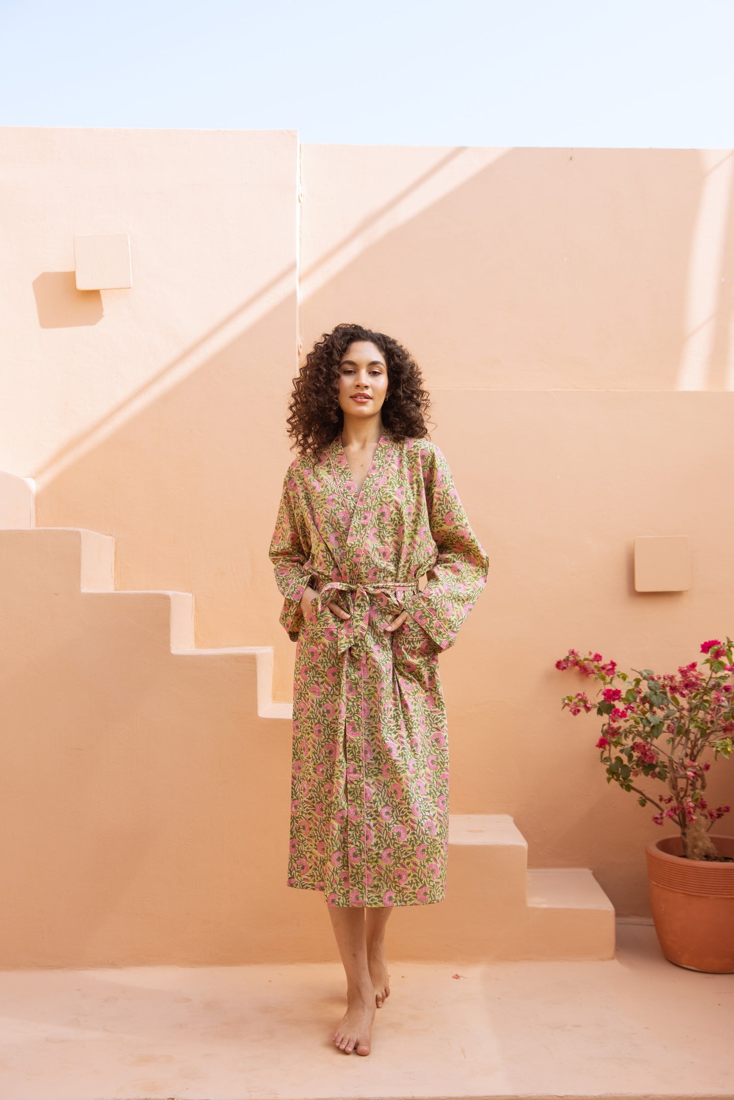 GREEN & PINK FLORAL COTTON ROBE