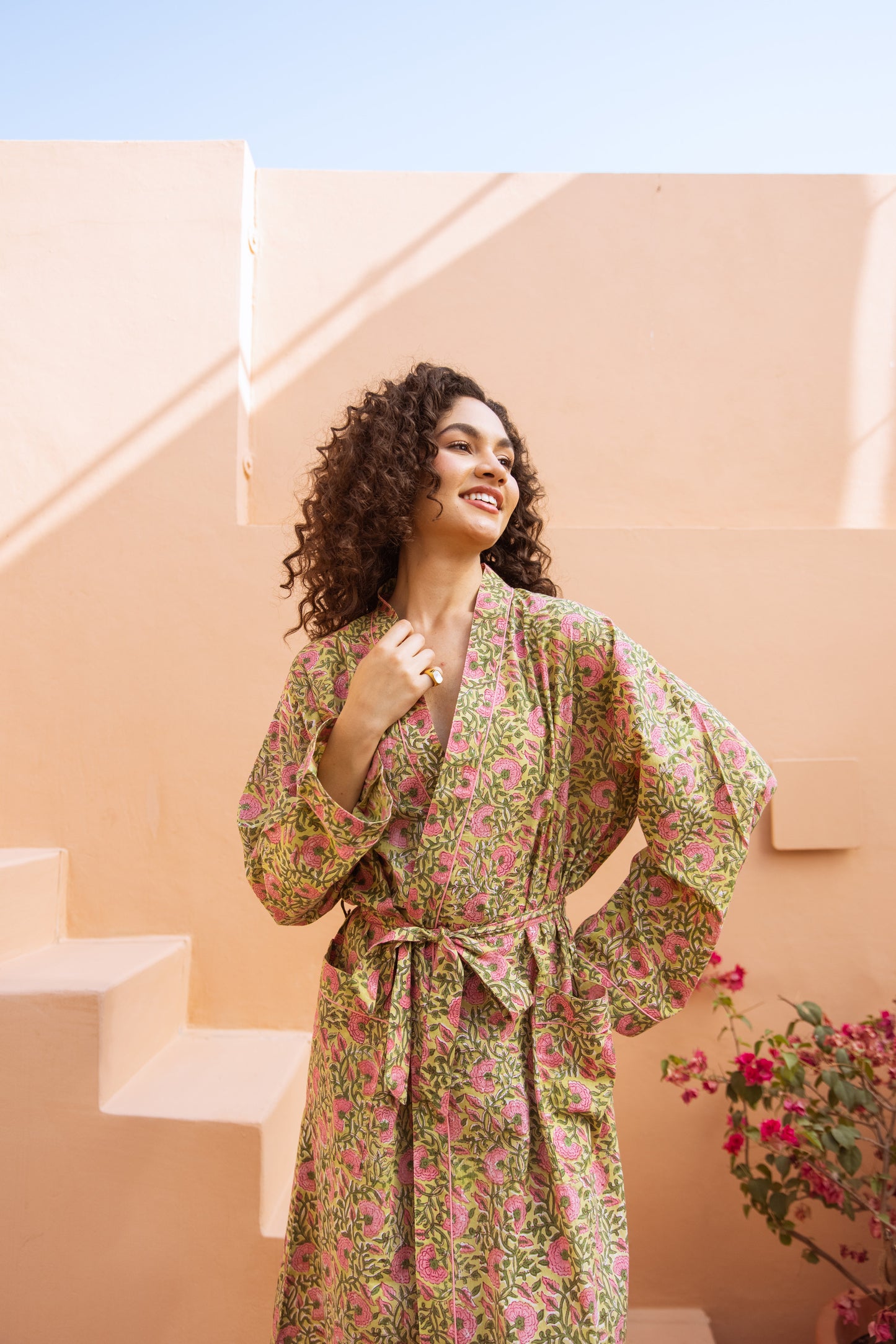 GREEN & PINK FLORAL COTTON ROBE