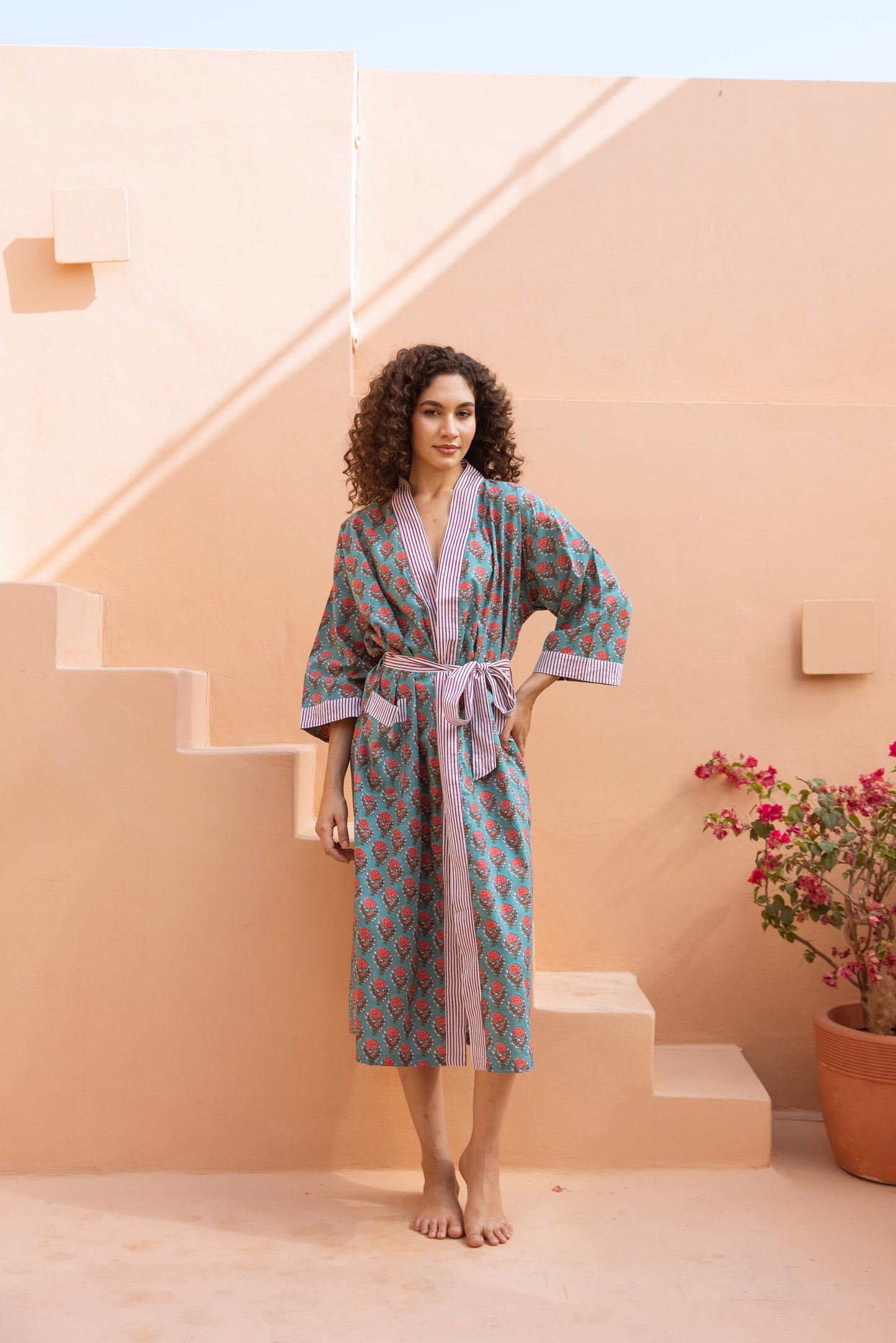 TURQUOISE ROSE FLORAL COTTON ROBE