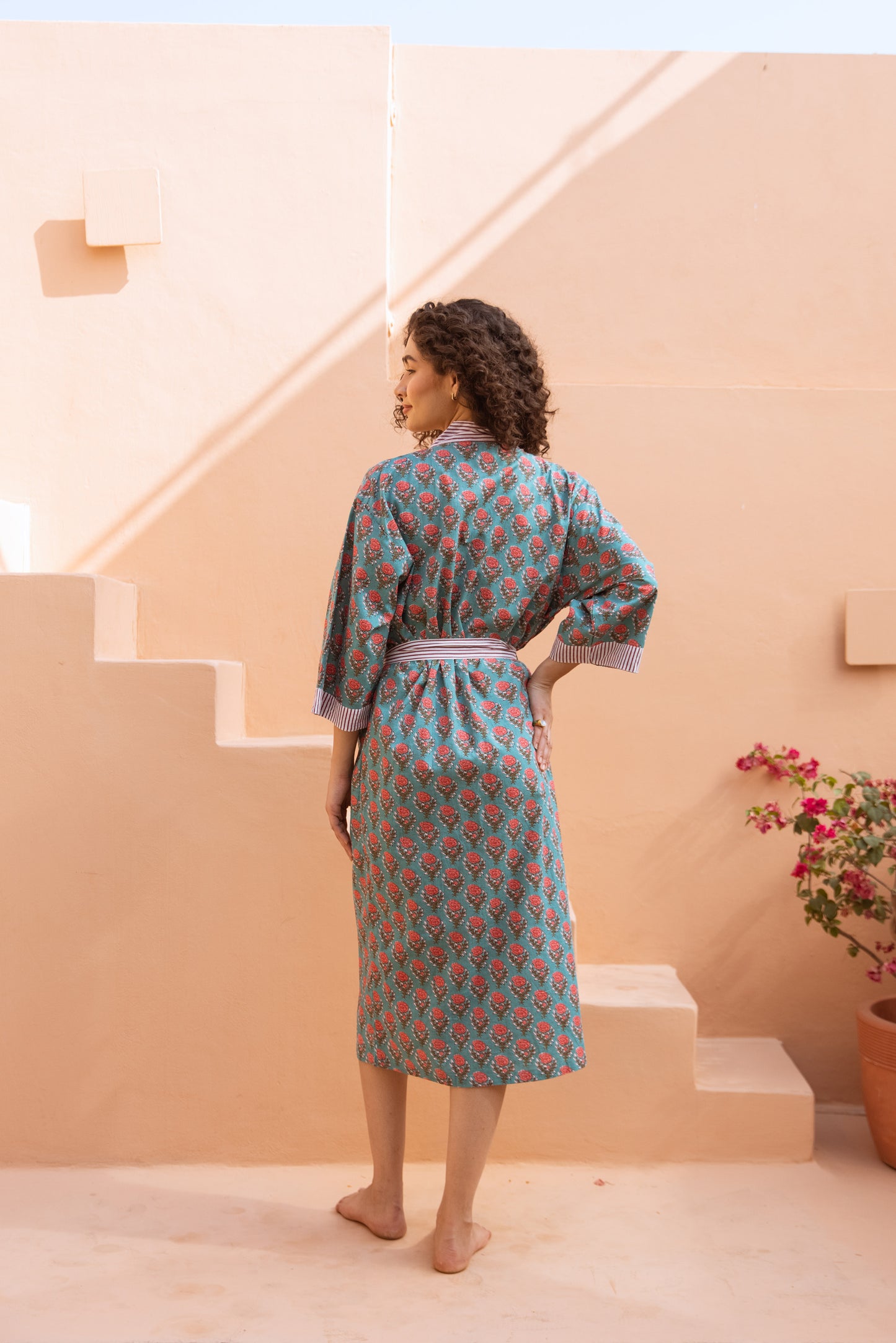 TURQUOISE ROSE FLORAL COTTON ROBE