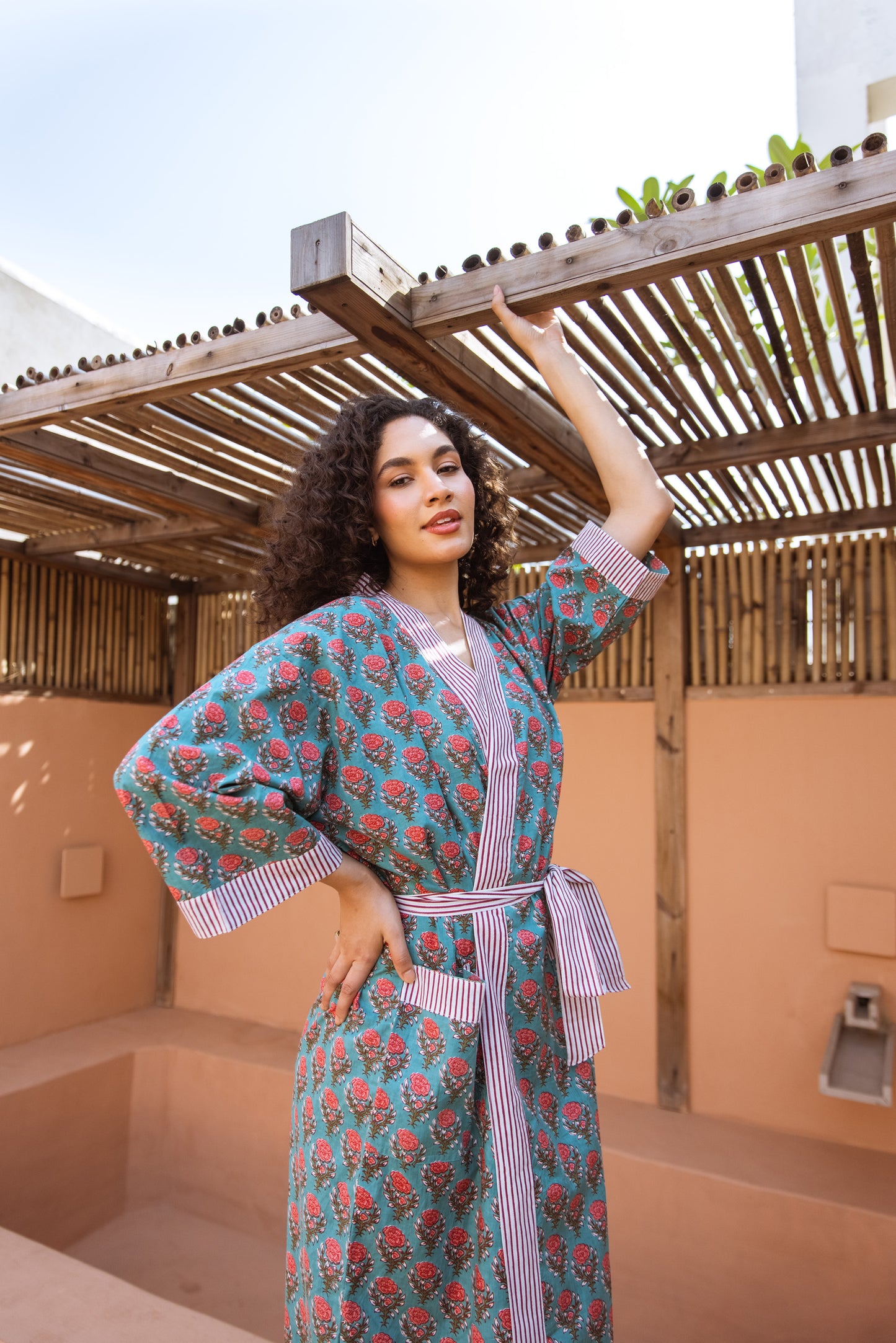 TURQUOISE ROSE FLORAL COTTON ROBE