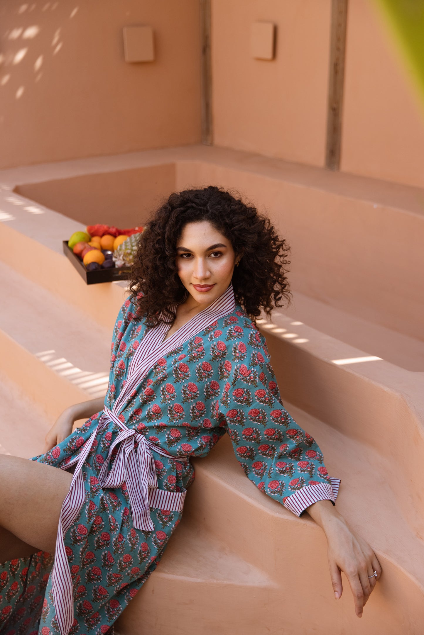 TURQUOISE ROSE FLORAL COTTON ROBE