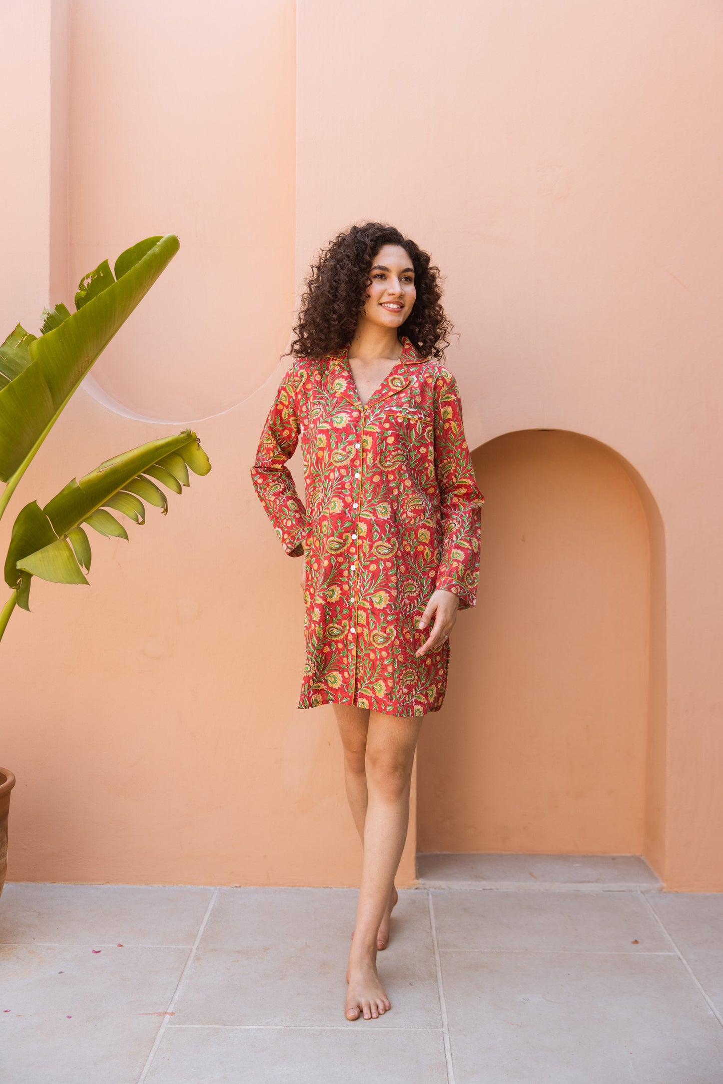 RED PAISLEY BLOCK PRINT COTTON NIGHTSHIRT