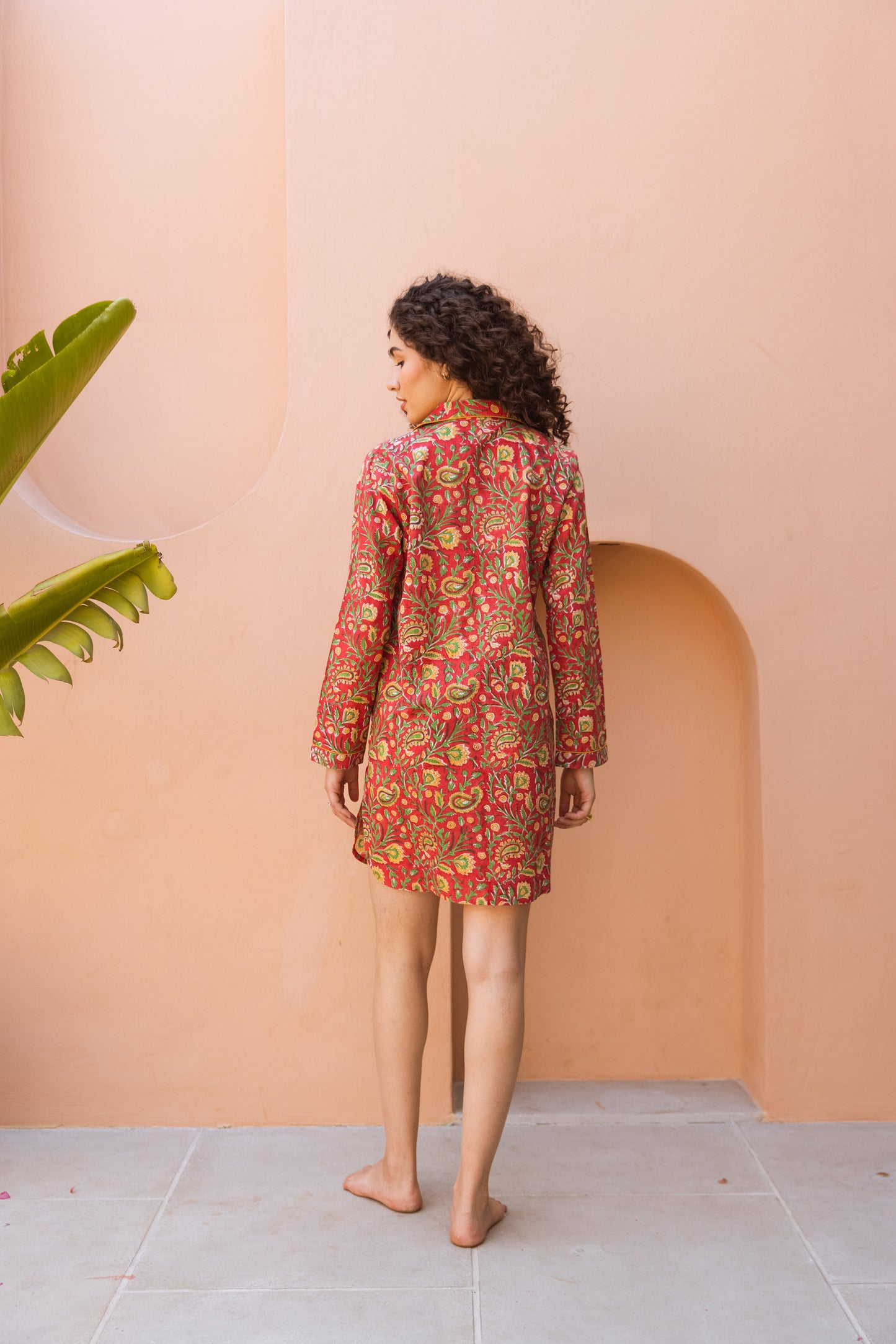 RED PAISLEY BLOCK PRINT COTTON NIGHTSHIRT