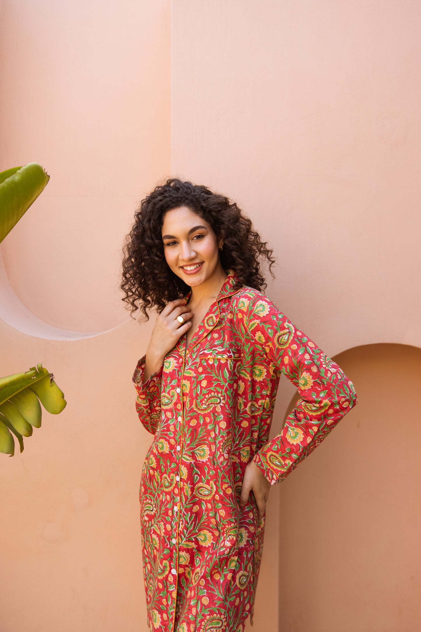 RED PAISLEY BLOCK PRINT COTTON NIGHTSHIRT