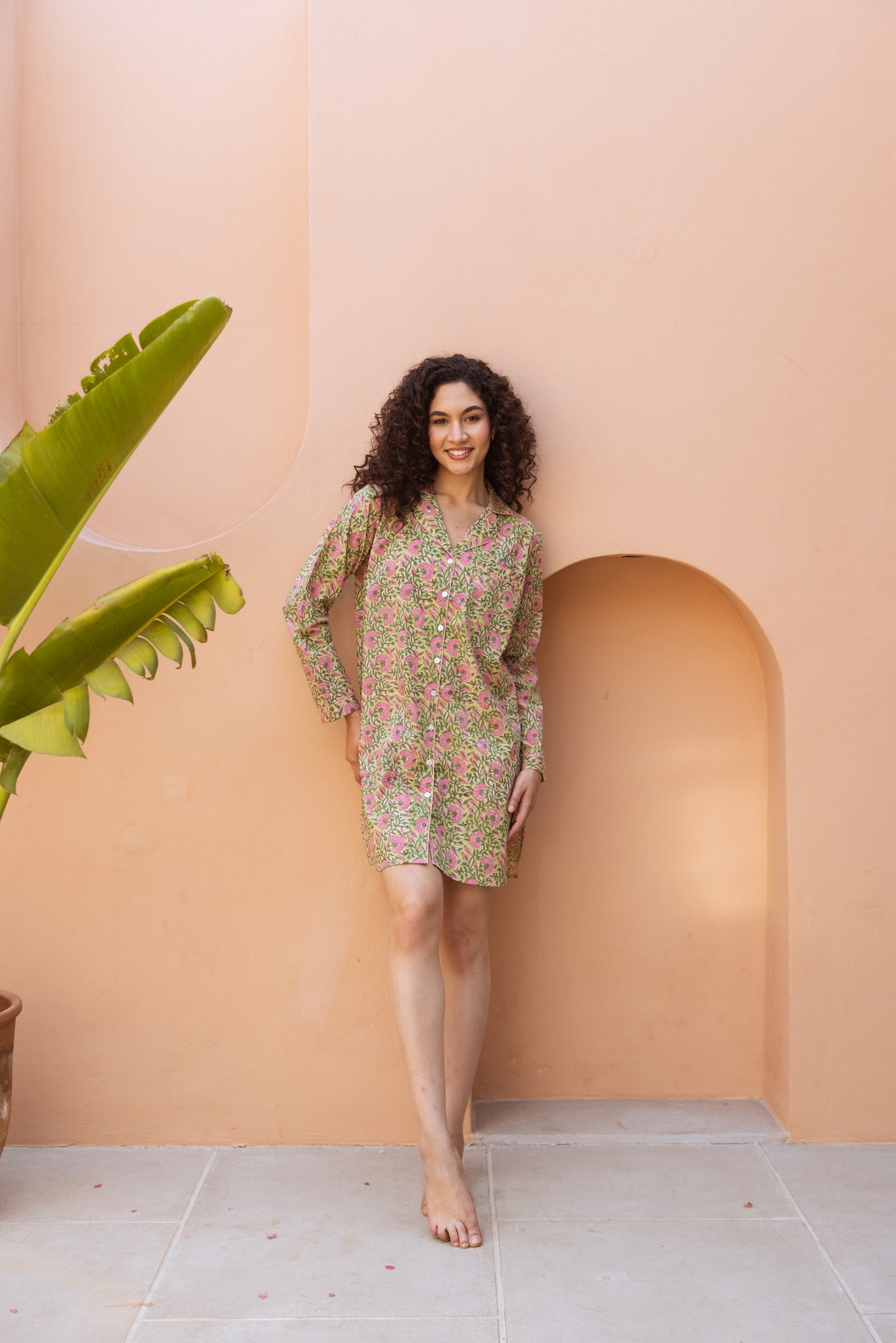 GREEN & PINK FLORAL BLOCK PRINT COTTON NIGHTSHIRT