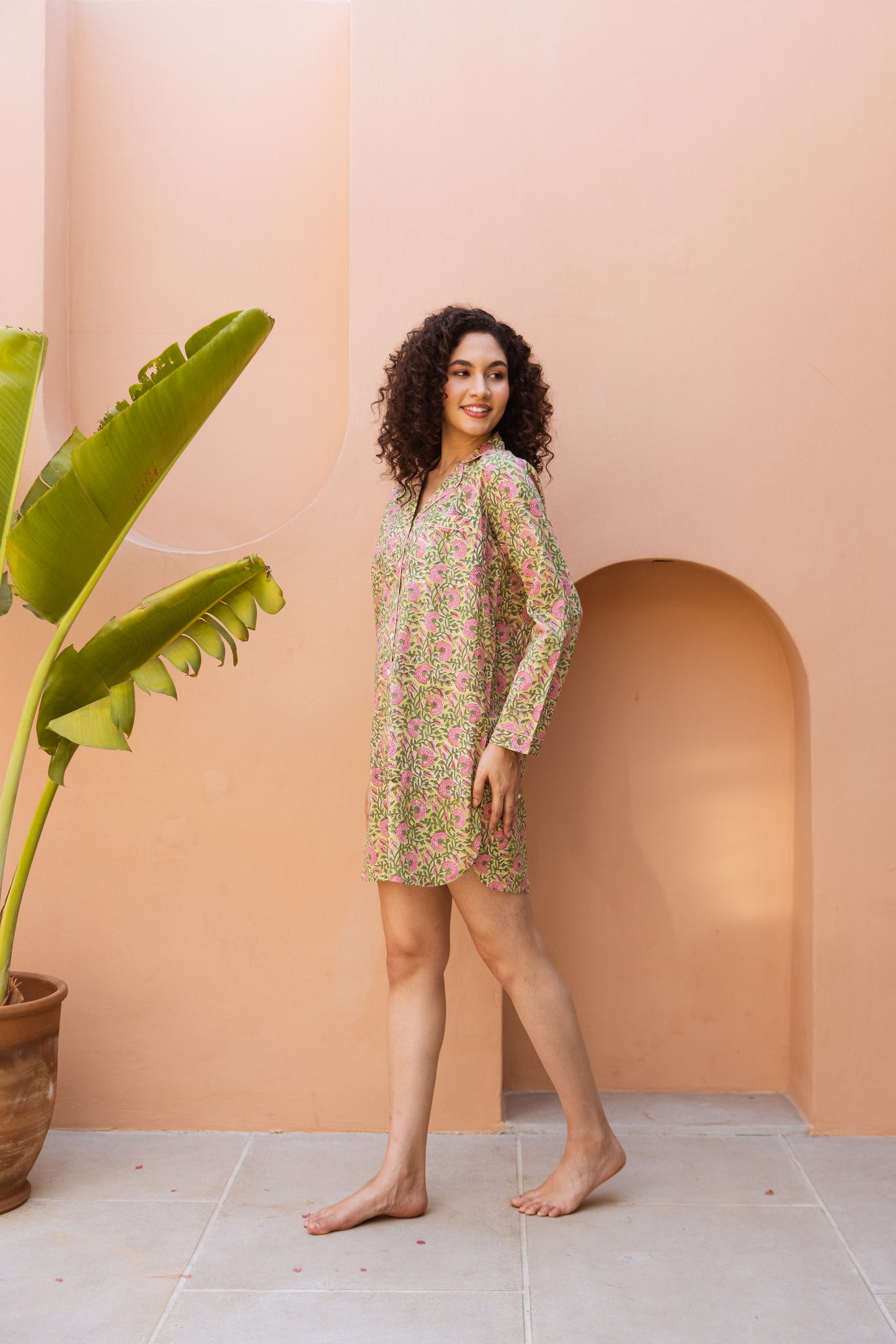 GREEN & PINK FLORAL BLOCK PRINT COTTON NIGHTSHIRT