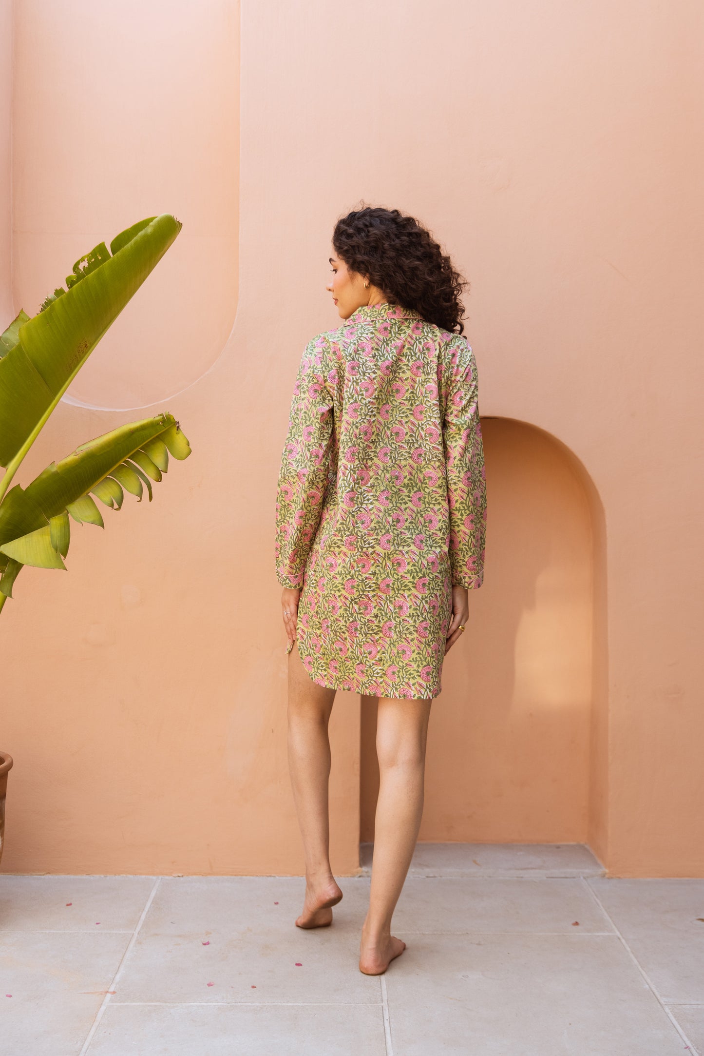 GREEN & PINK FLORAL BLOCK PRINT COTTON NIGHTSHIRT
