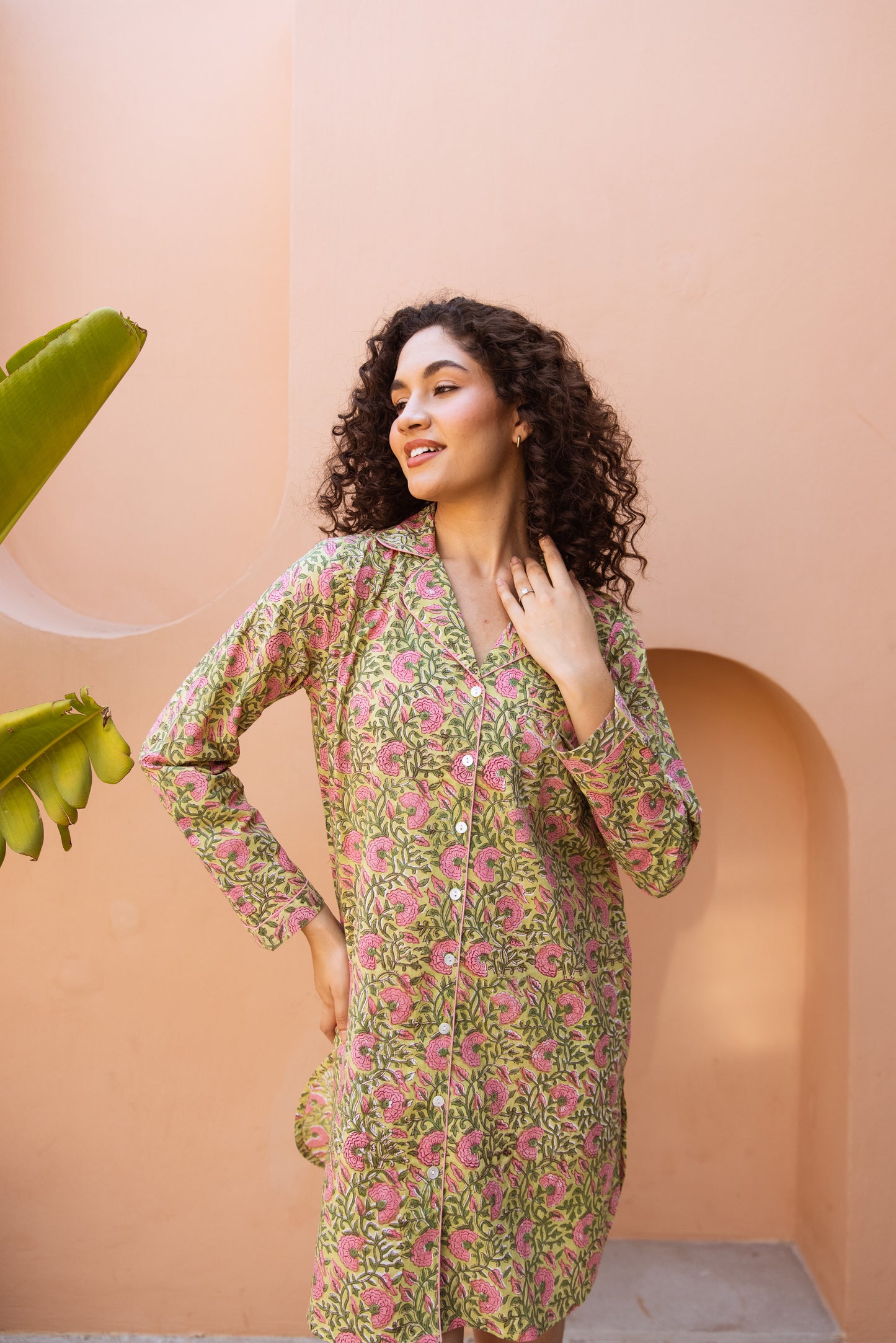 GREEN & PINK FLORAL BLOCK PRINT COTTON NIGHTSHIRT