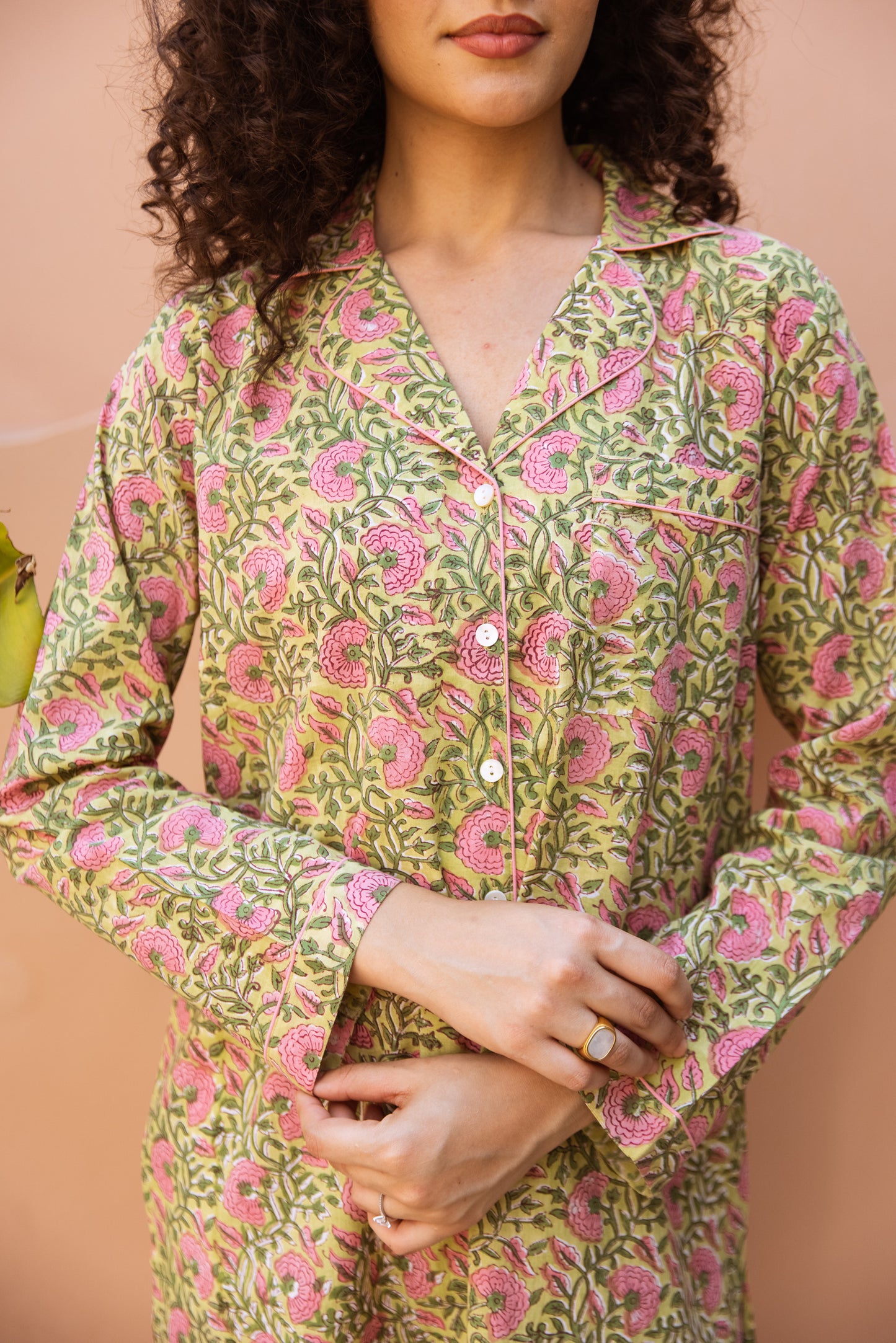GREEN & PINK FLORAL BLOCK PRINT COTTON NIGHTSHIRT