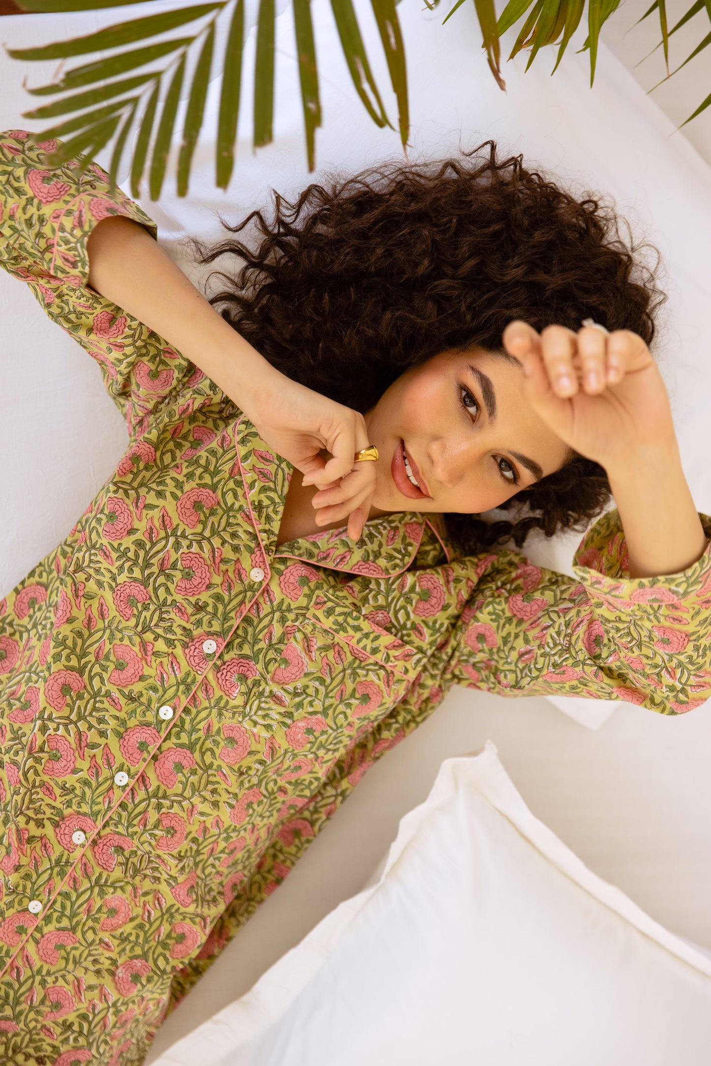 GREEN & PINK FLORAL BLOCK PRINT COTTON NIGHTSHIRT