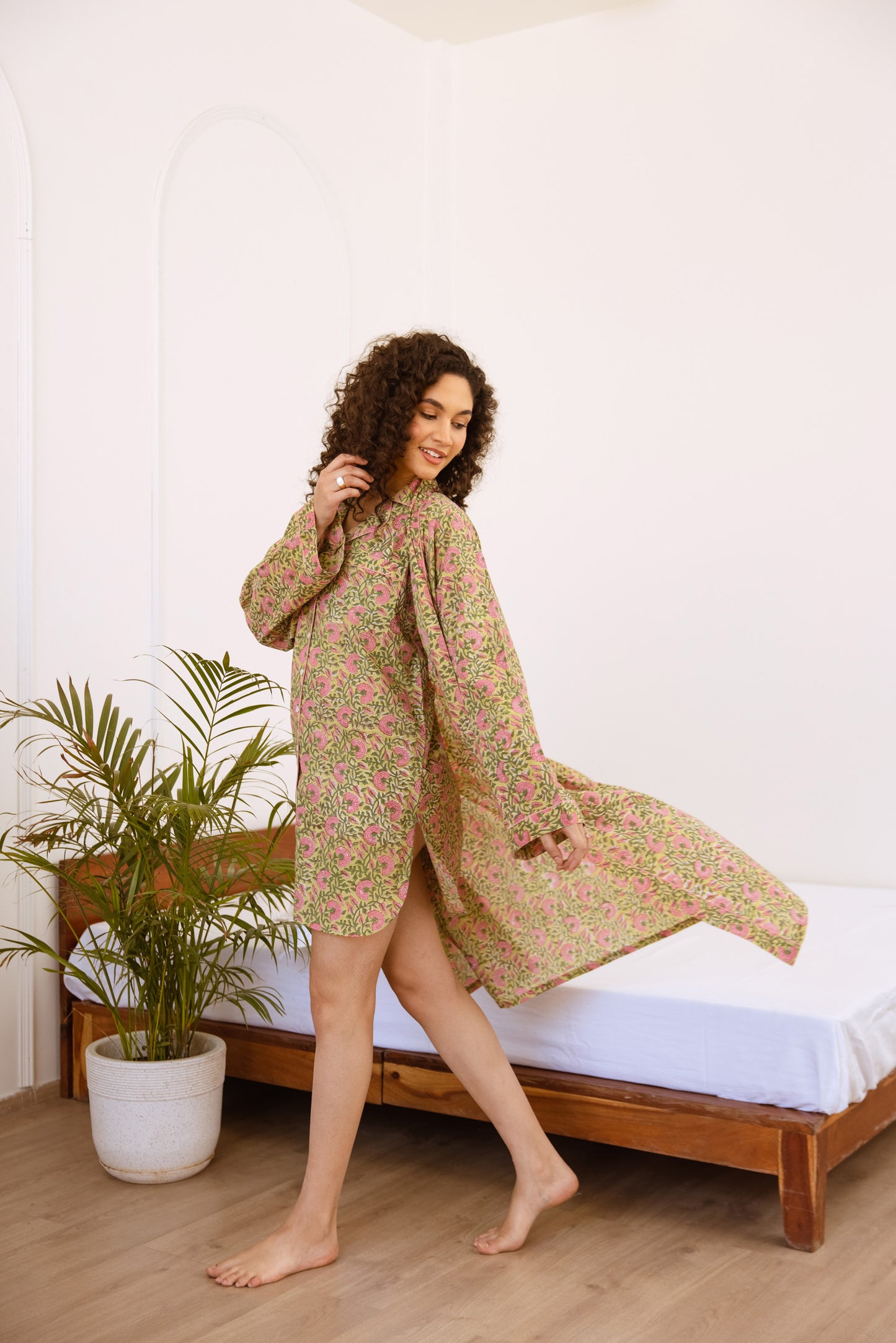 GREEN & PINK FLORAL BLOCK PRINT COTTON NIGHTSHIRT