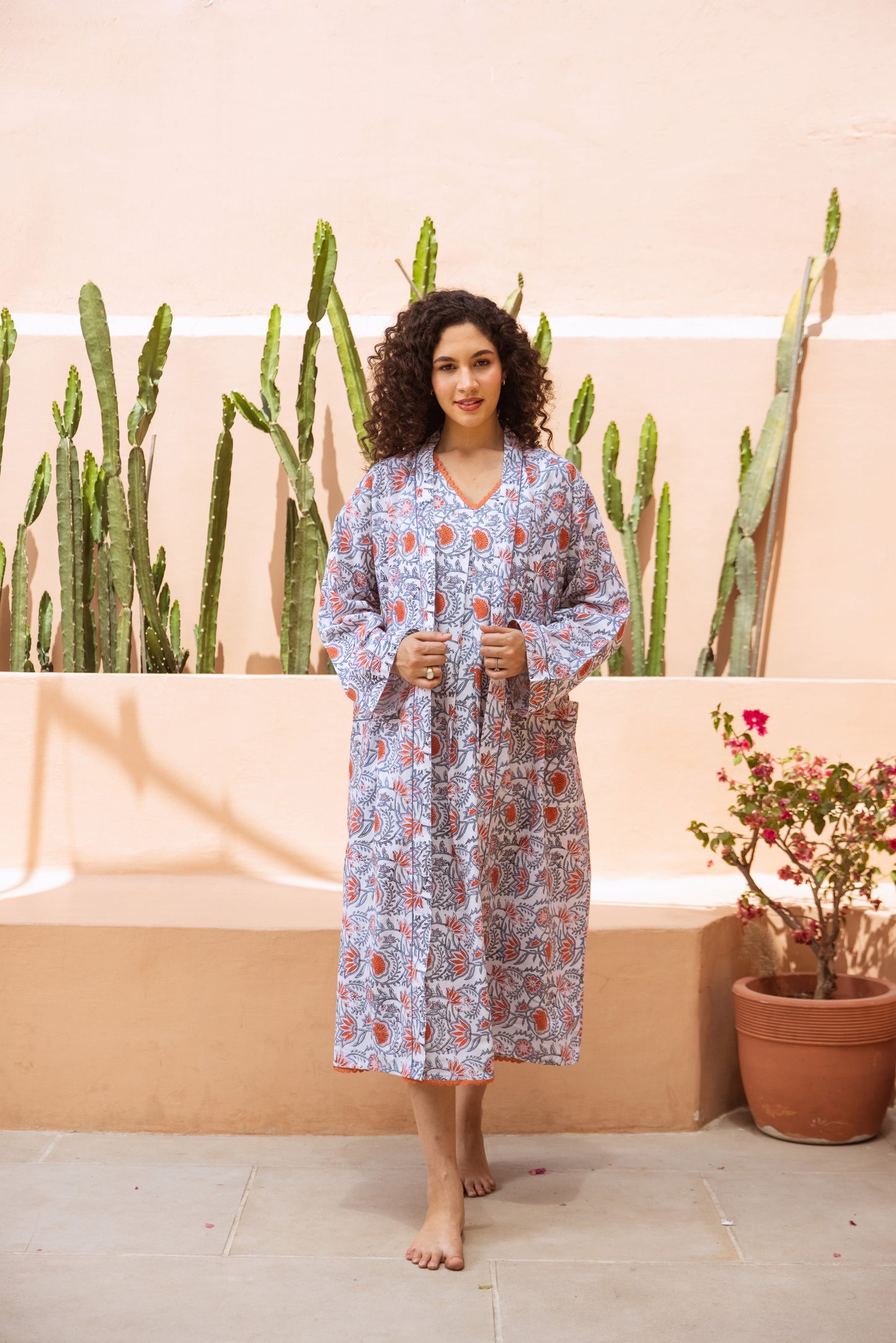 CORAL LOTUS VINE COTTON ROBE