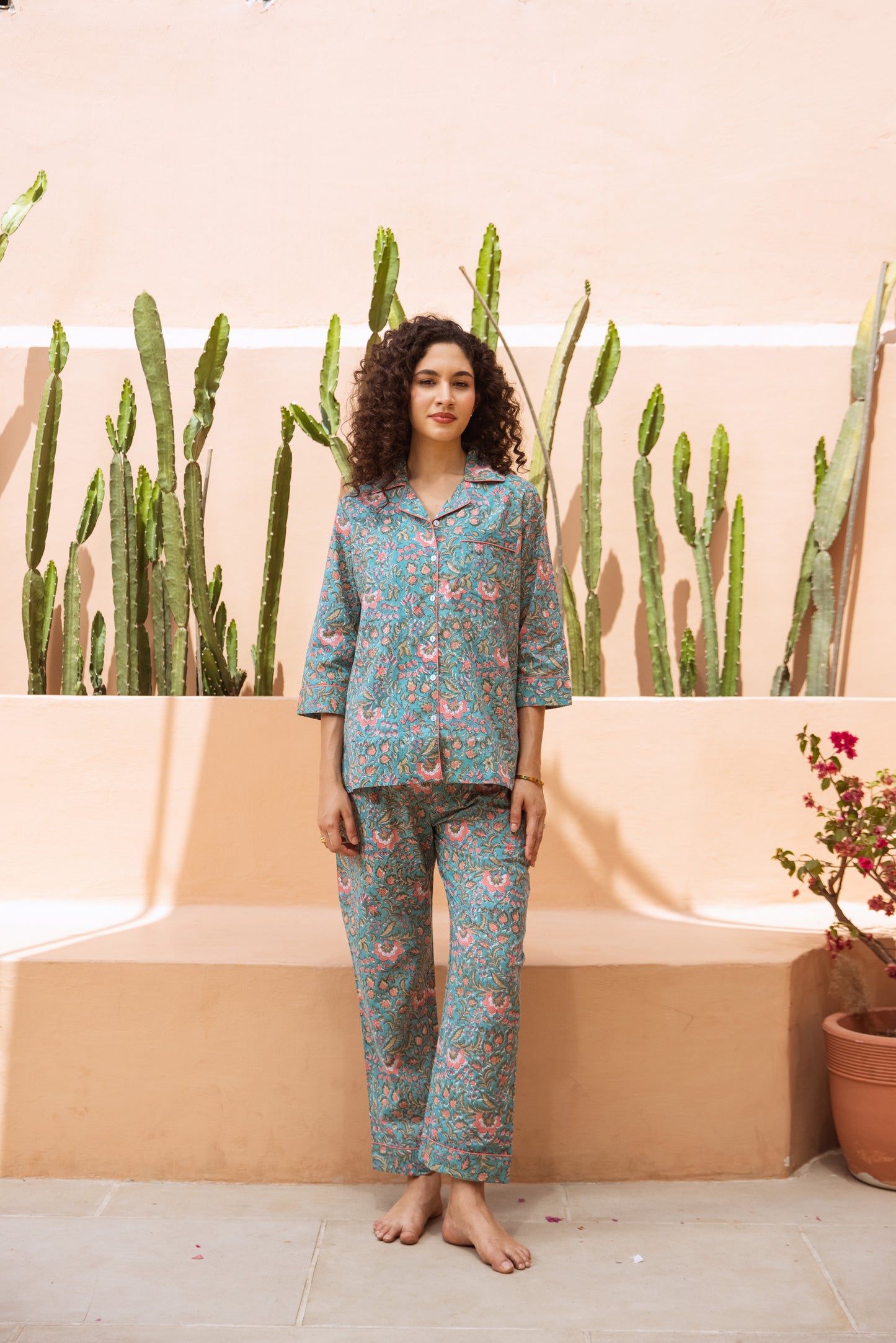 TURQUOISE & CORAL FLORAL LONG PJ SET