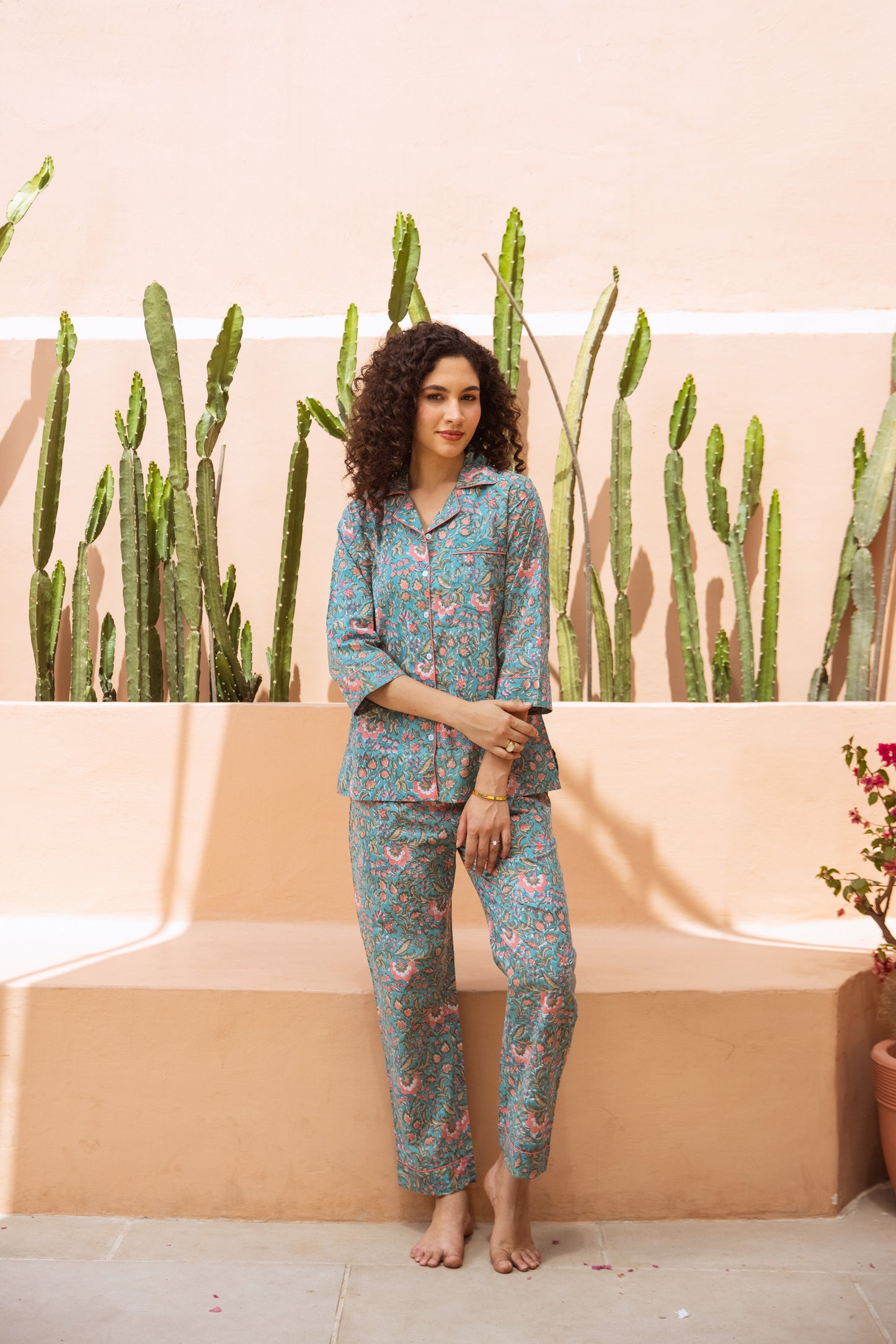 TURQUOISE & CORAL FLORAL LONG PJ SET