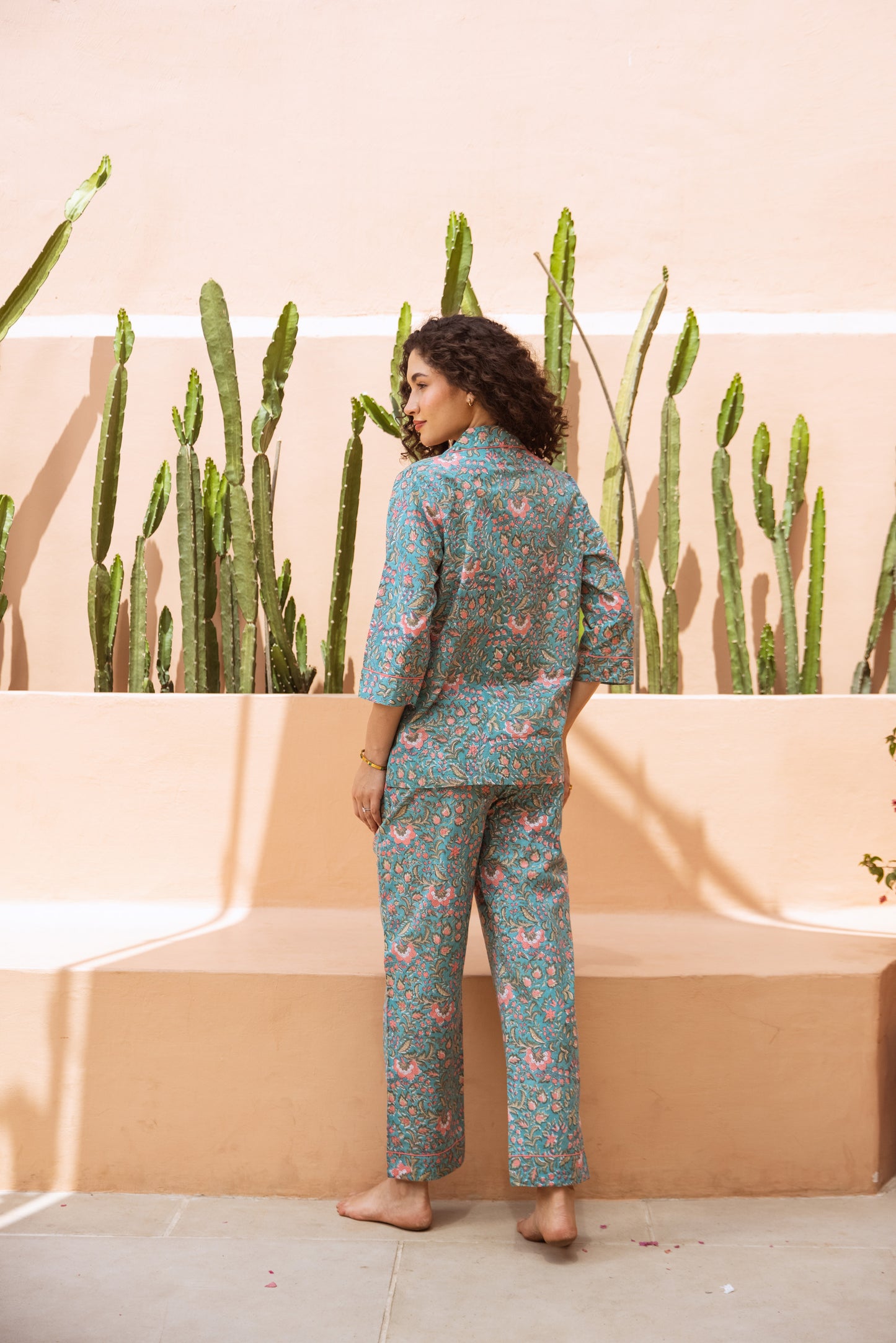 TURQUOISE & CORAL FLORAL LONG PJ SET