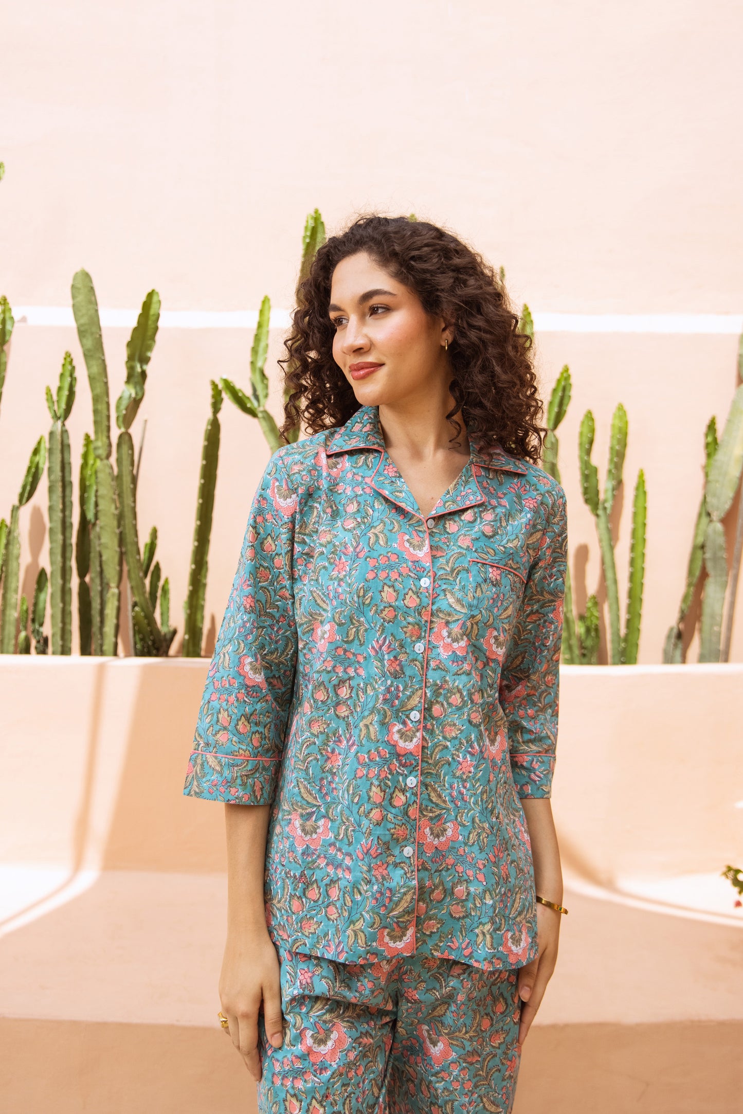 TURQUOISE & CORAL FLORAL LONG PJ SET