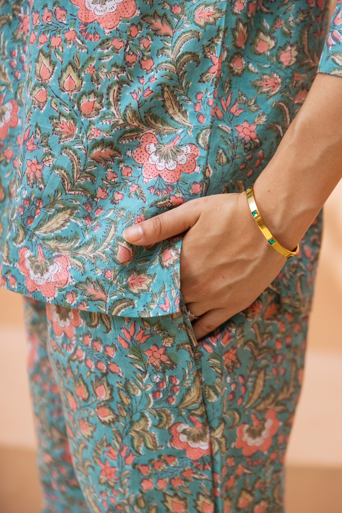 TURQUOISE & CORAL FLORAL LONG PJ SET
