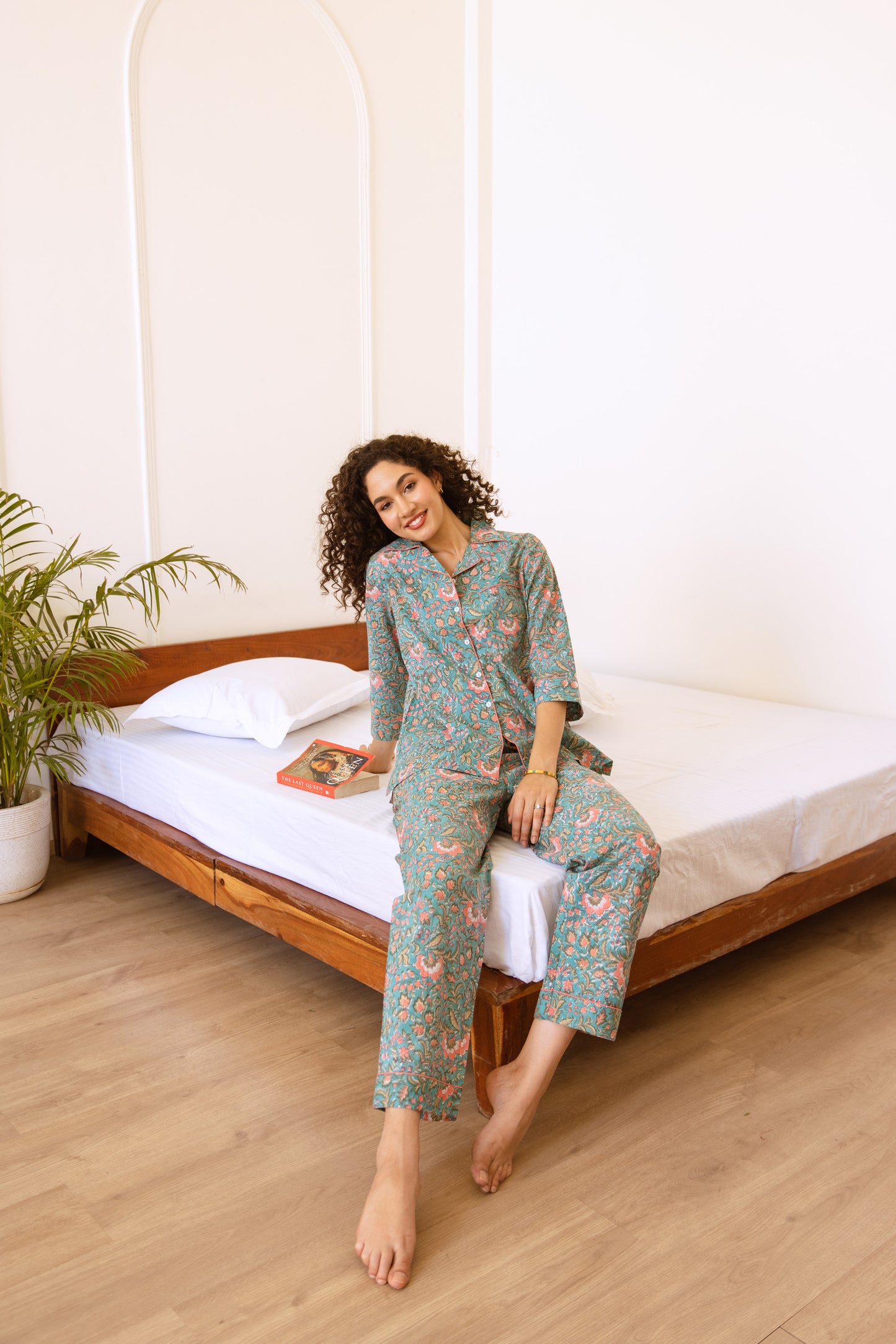 TURQUOISE & CORAL FLORAL LONG PJ SET