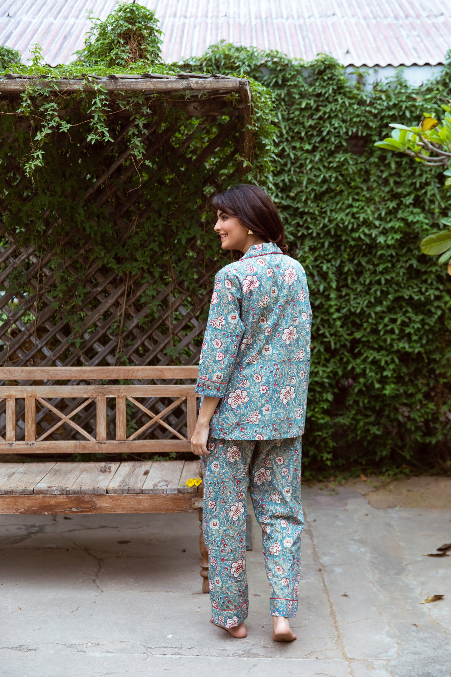 MAROON AND EGGSHELL BLUE BLOCK PRINT LONG PJ SET