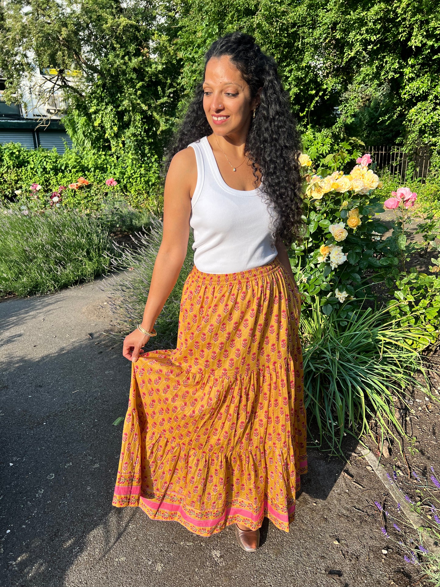 LARA COTTON MAXI SKIRT IN MARIGOLD BLOOM