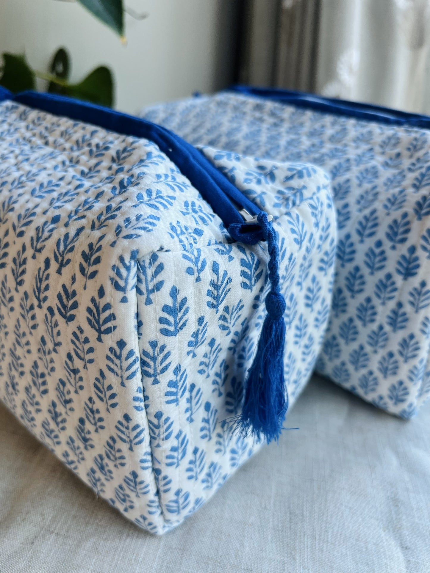 Eco-friendly hand block printed quilted washbag.