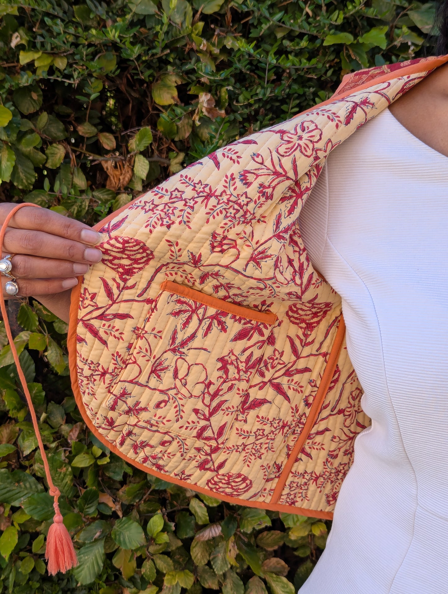 BLOCK PRINT QUILTED WAISTCOAT - MARIGOLD BLOOM