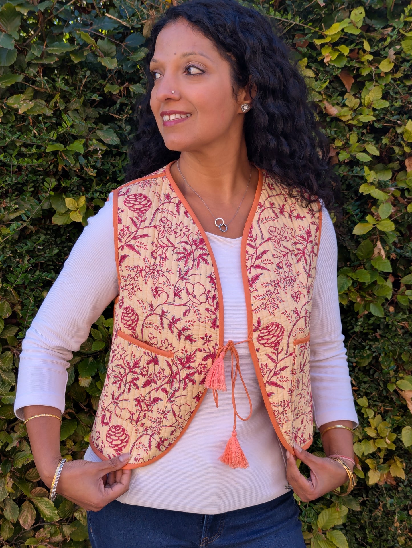 BLOCK PRINT QUILTED WAISTCOAT - MARIGOLD BLOOM