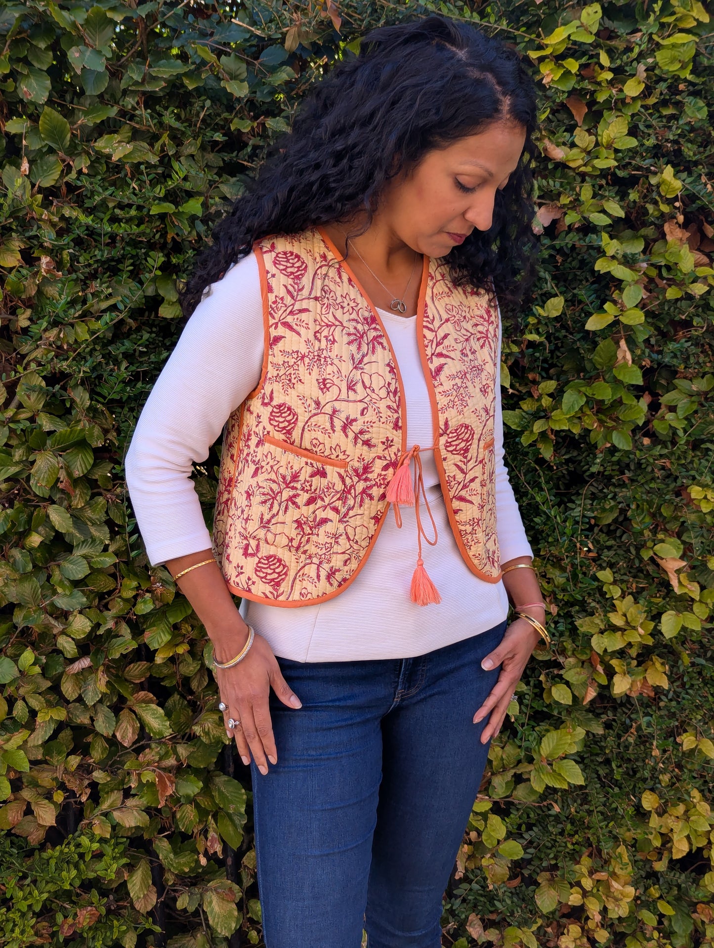 BLOCK PRINT QUILTED WAISTCOAT - MARIGOLD BLOOM