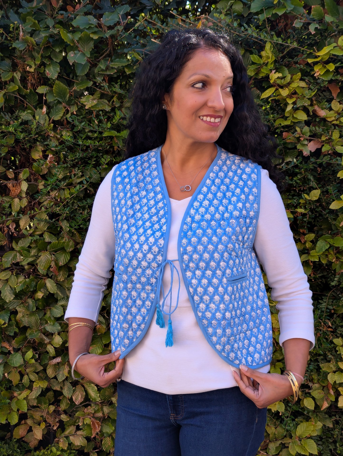 BLOCK PRINT QUILTED WAISTCOAT - BLUE BLOSSOM